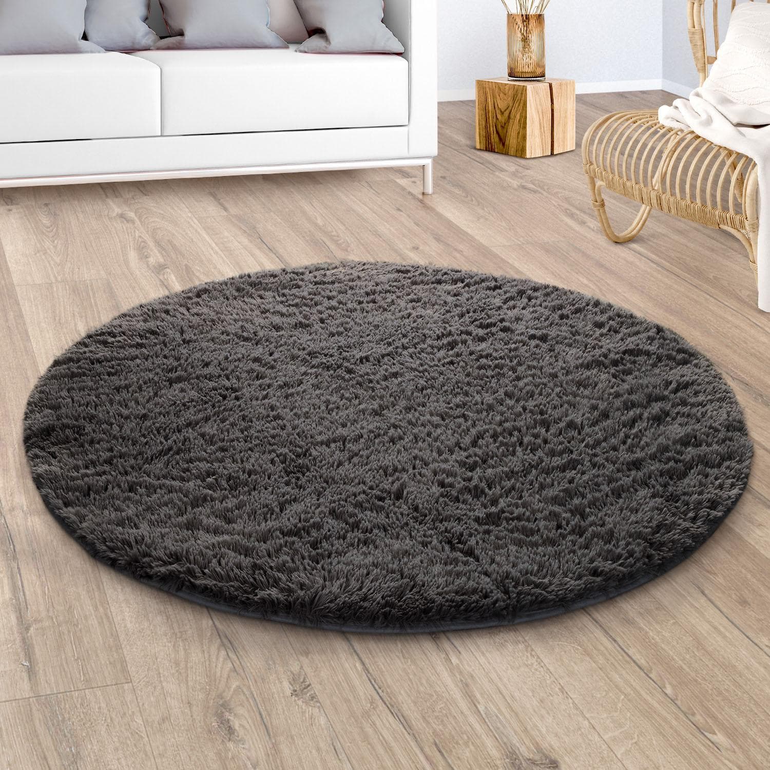 PACO HOME Hochflor-Teppich Silky 591 Anthrazit Rund 200cm