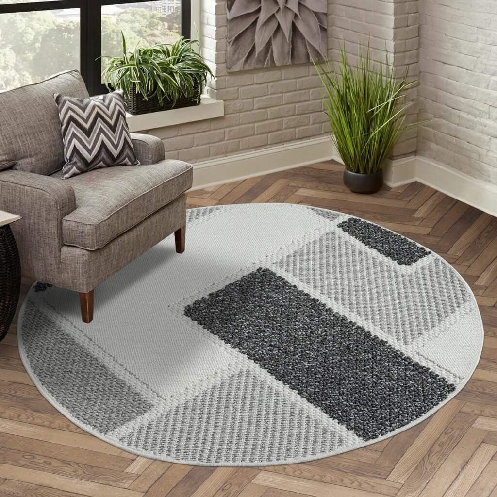 Teppich CARPET CITY LINDO 8877 Grau 160cm Rund Kurzflor Boho
