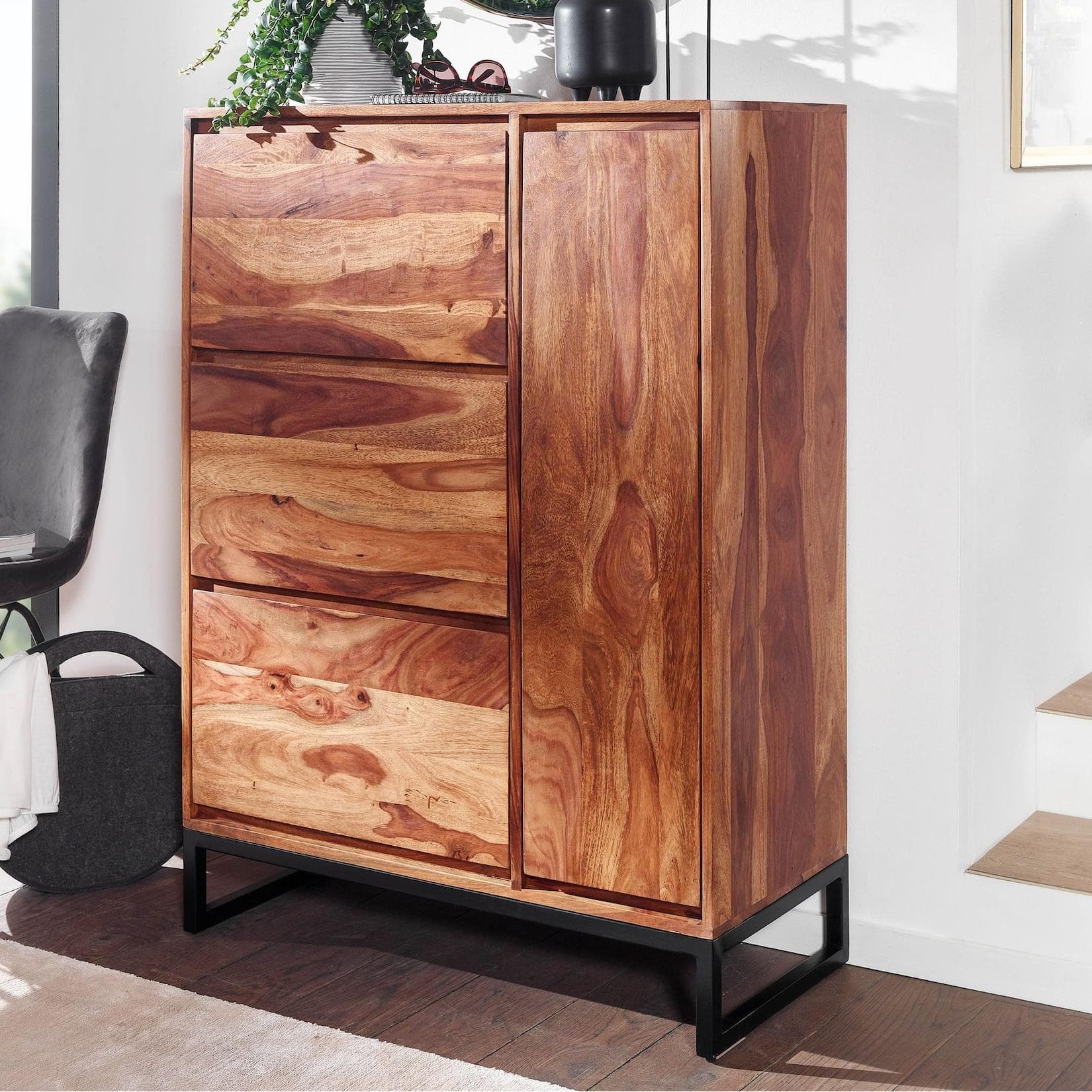 FineBuy Massivholz Schuhschrank 90cm Sheesham