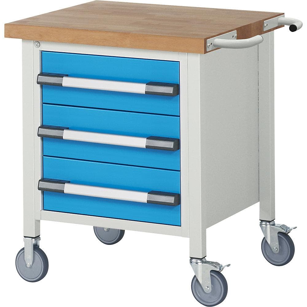 eurokraft pro Fahrbare Werkbank Serie 8000 mit 3 Schubladen und Bucheplatte