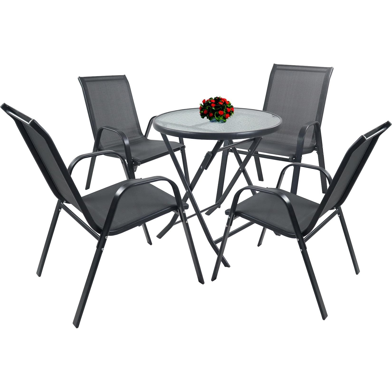 VCM 5-teilig Balkonmöbel Set mit runder Glasplatte und 4 Stühlen