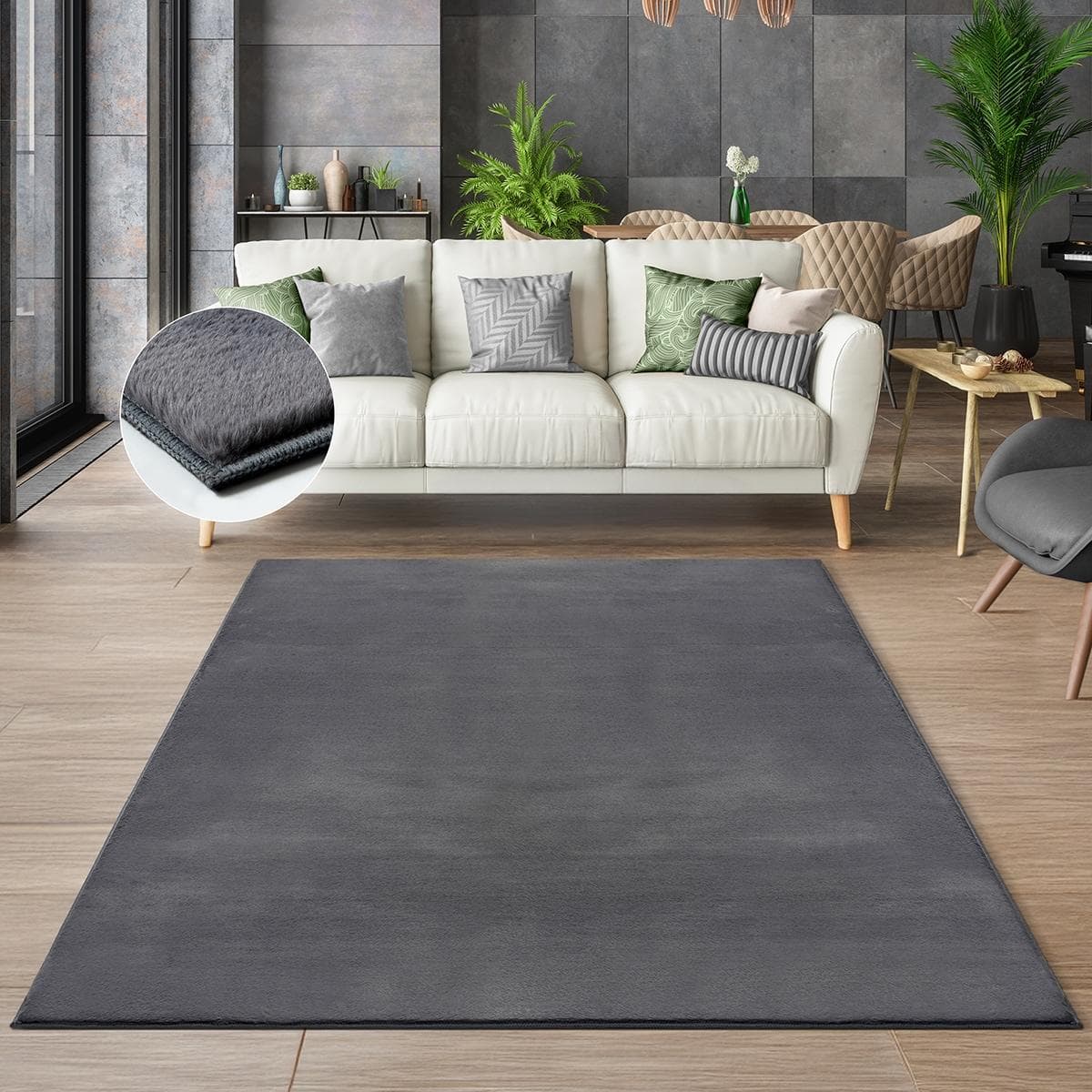 THE CARPET Teppich Cosy Anthrazit Fell-Optik Waschbar