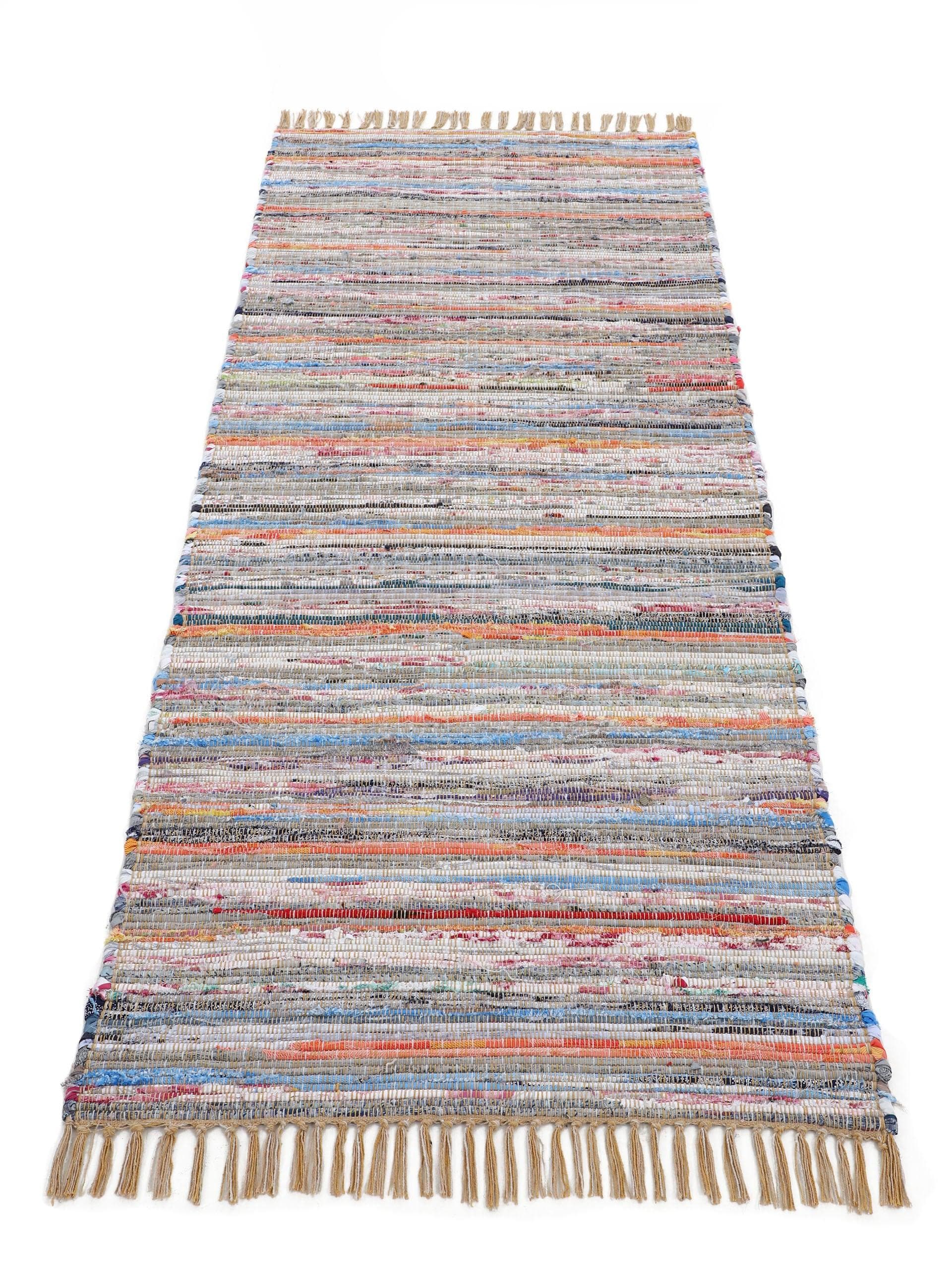 CARPETFINE Kelim Chindi Wendeteppich Grau Handgewebt Fleckerl