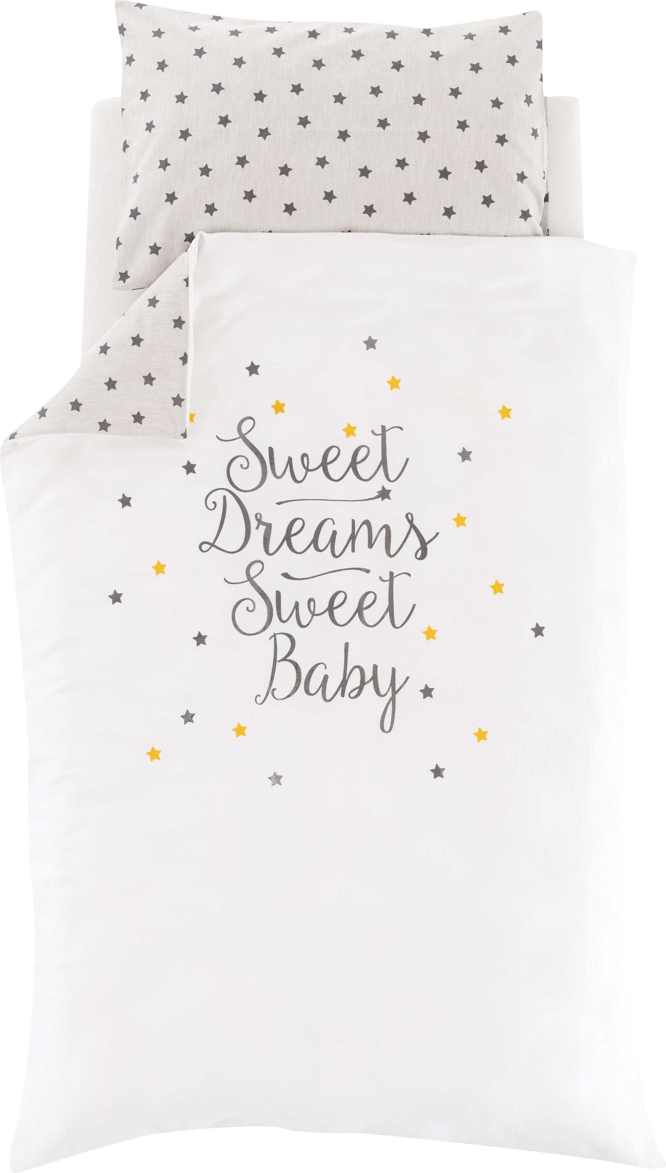 Träumeland Babybettwäsche Jersey 2-tlg. Sternchen Weiß/Grau/Gelb
