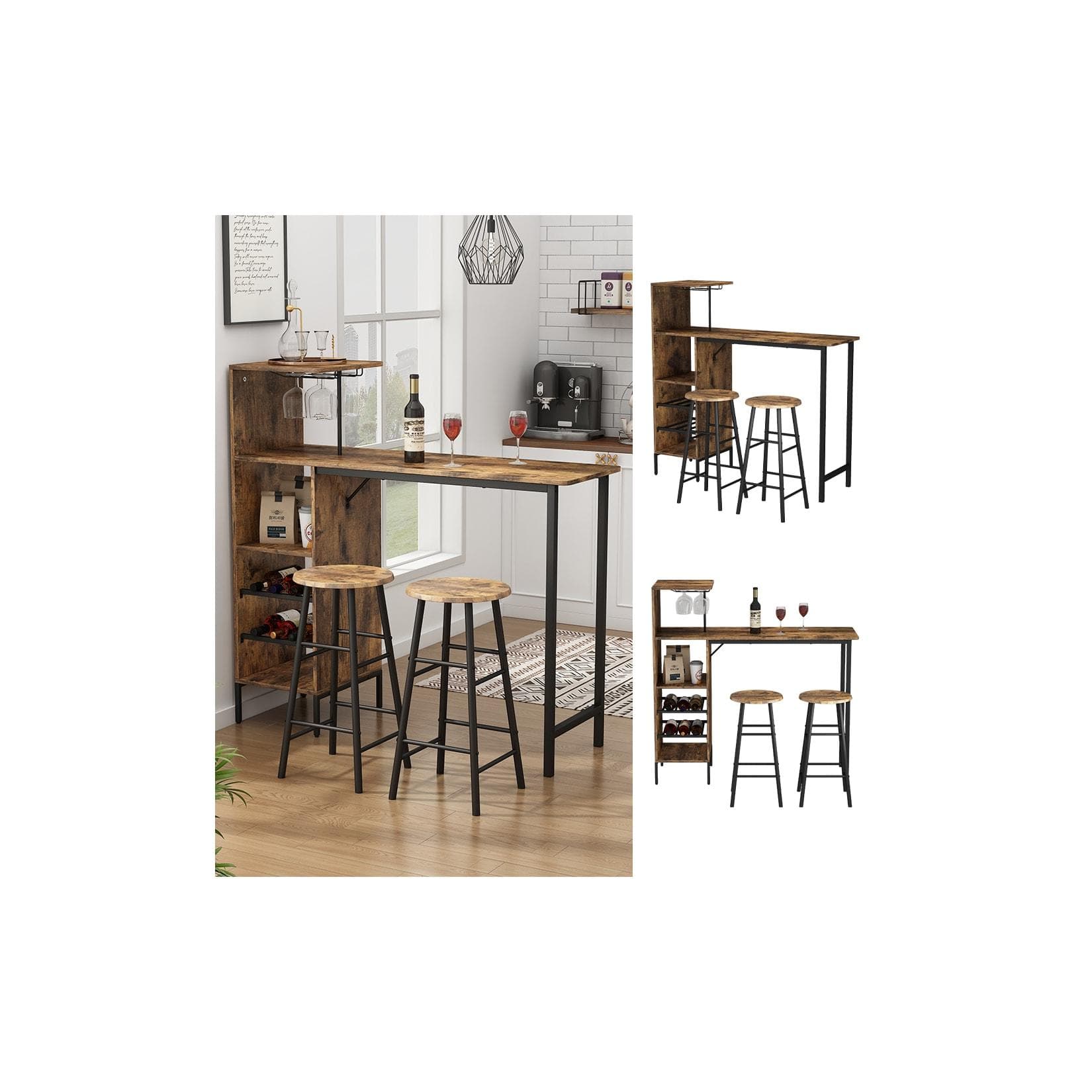 Vicco Bartisch-Set Naila Schwarz Eiche rustikal mit 2 Hocker