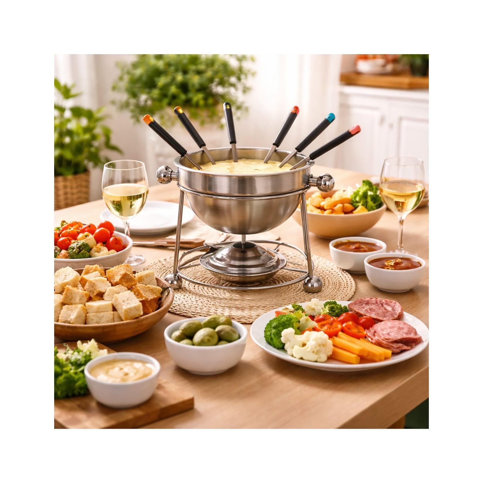 Neuetischkultur Fondue Set Edelstahl mit Keramikschale und Gabeln