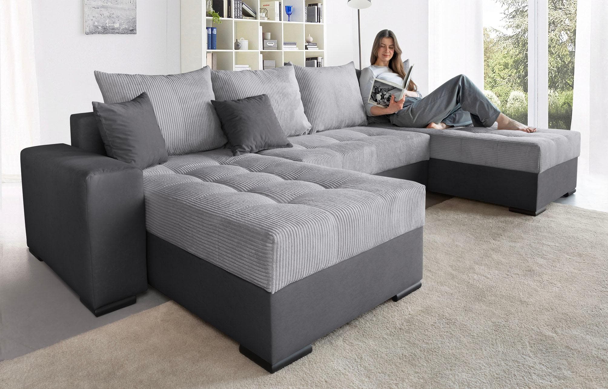 COLLECTION AB Wohnlandschaft Josy XL U-Form Grau Anthrazit mit Bettfunktion