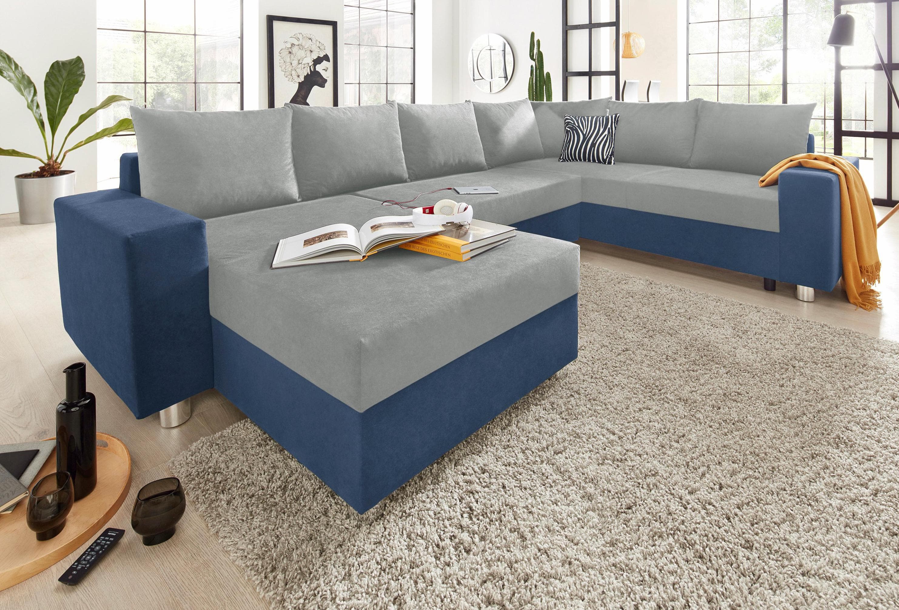 Wohnlandschaft COLLECTION AB Paris U-Form Blau Hellgrau mit Federkern