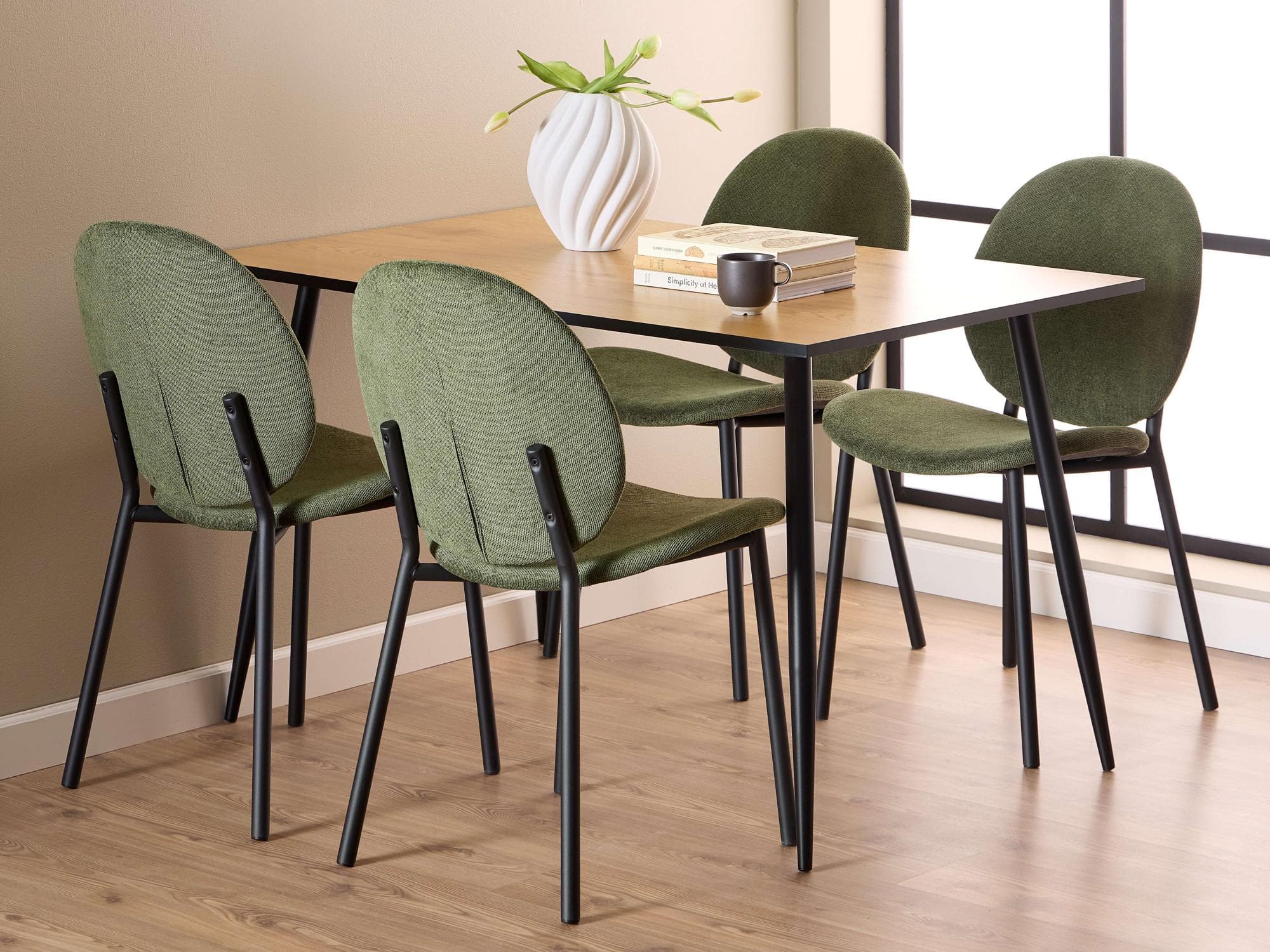 Esszimmer-Set ACTONA GROUP Esspruppe, Speisetisch mit Wohnzimmerstühlen, Beige, Wildeiche, Waldgrün, 120x80x75 cm