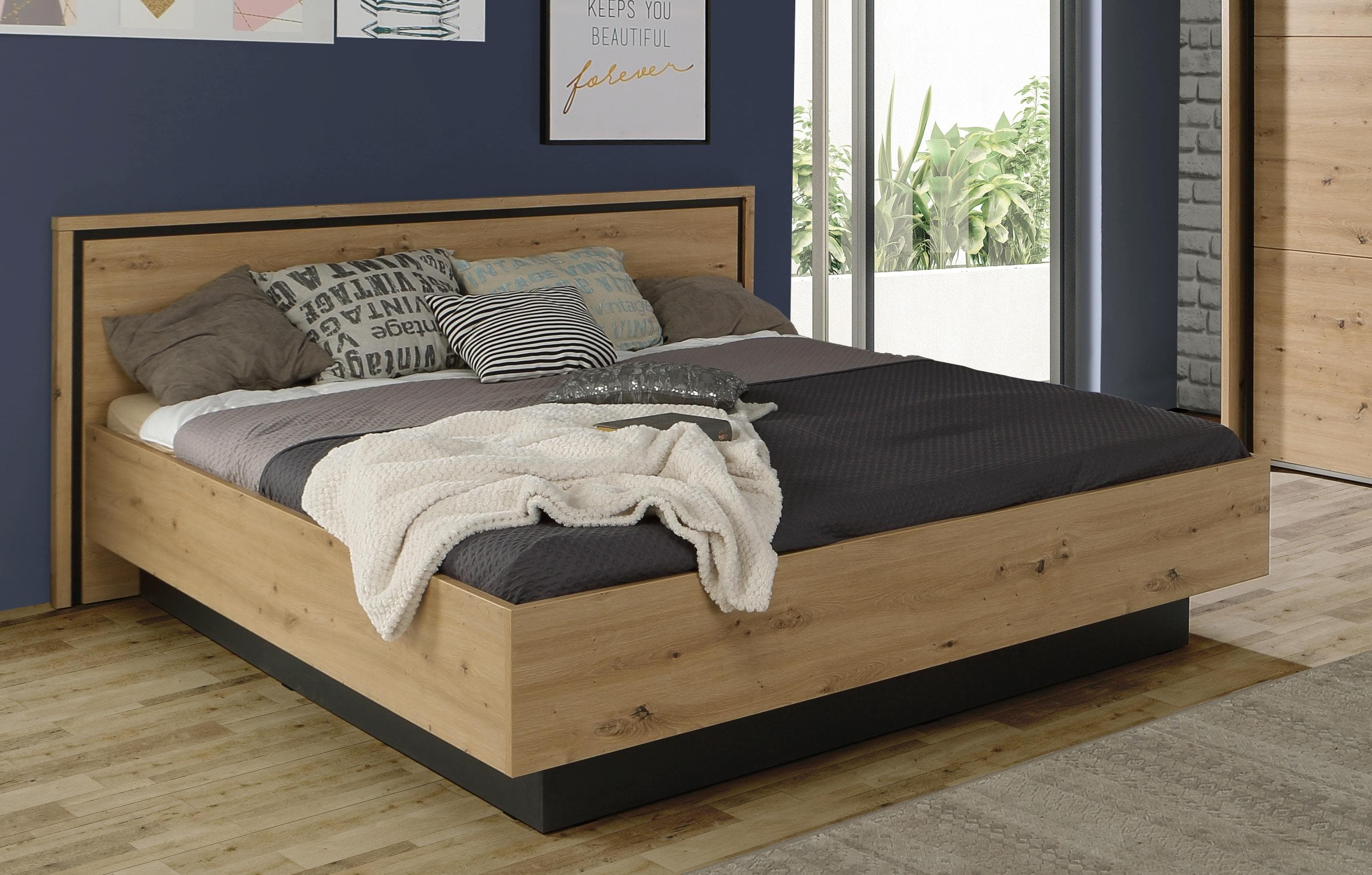 FORTE Bettgestell Trondheim Loft-Stil Schwarz Eiche 250KG
