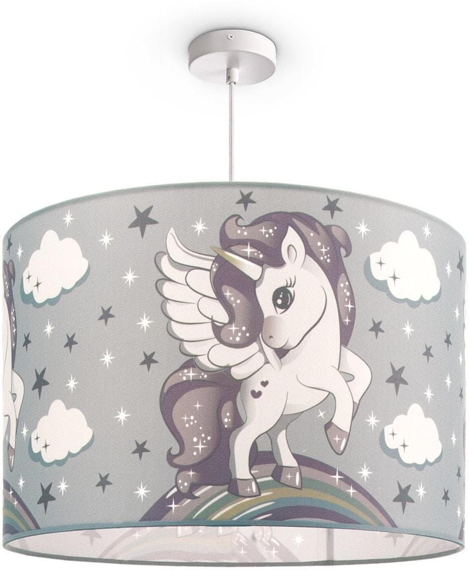 Paco Home Pendelleuchte Cosmo 213 Einhorn Kinderlampe Rosa/Grau E27