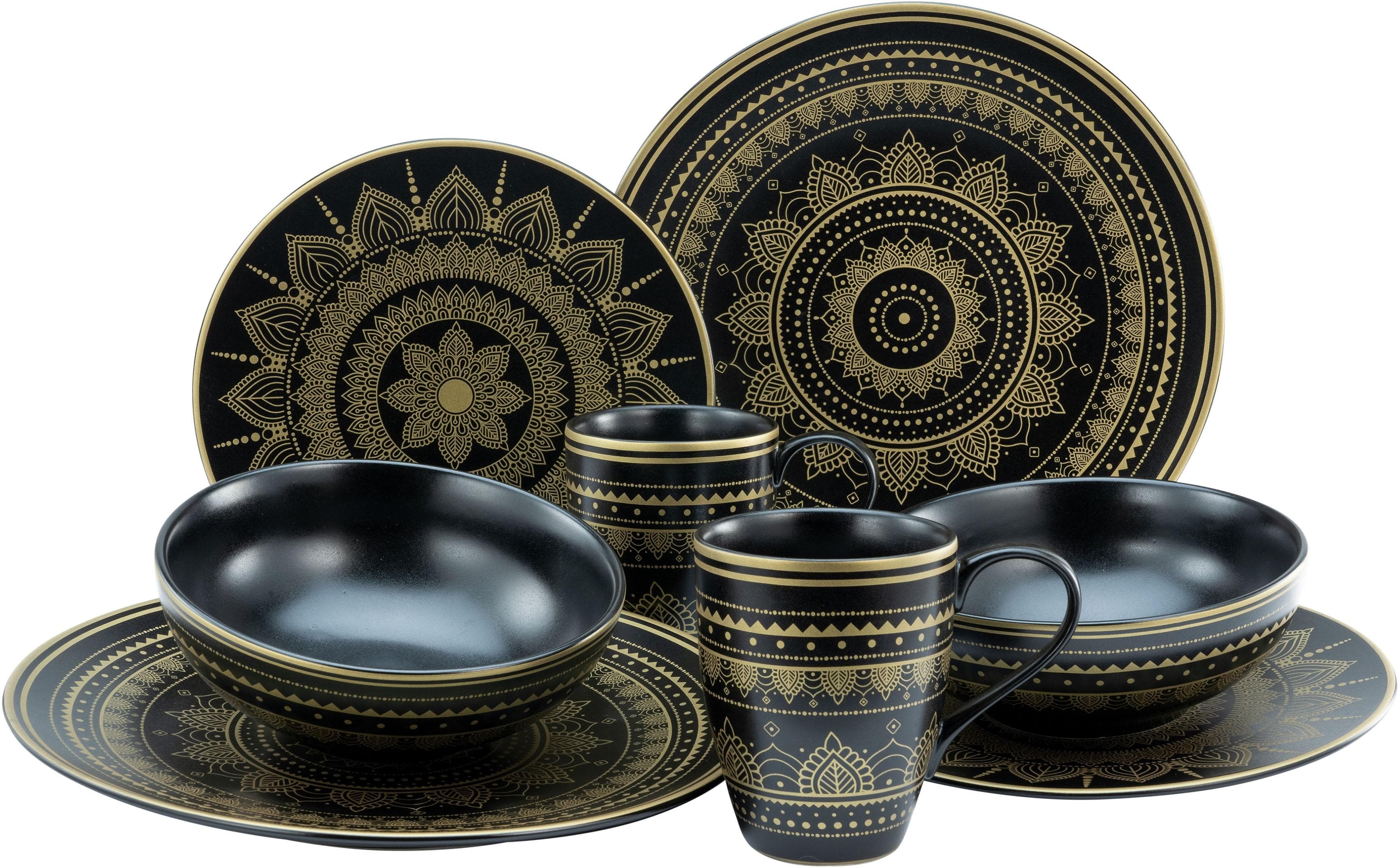 Creatable Kombiservice Mandala Gold 16-tlg. Steinzeug Schwarz/Gold