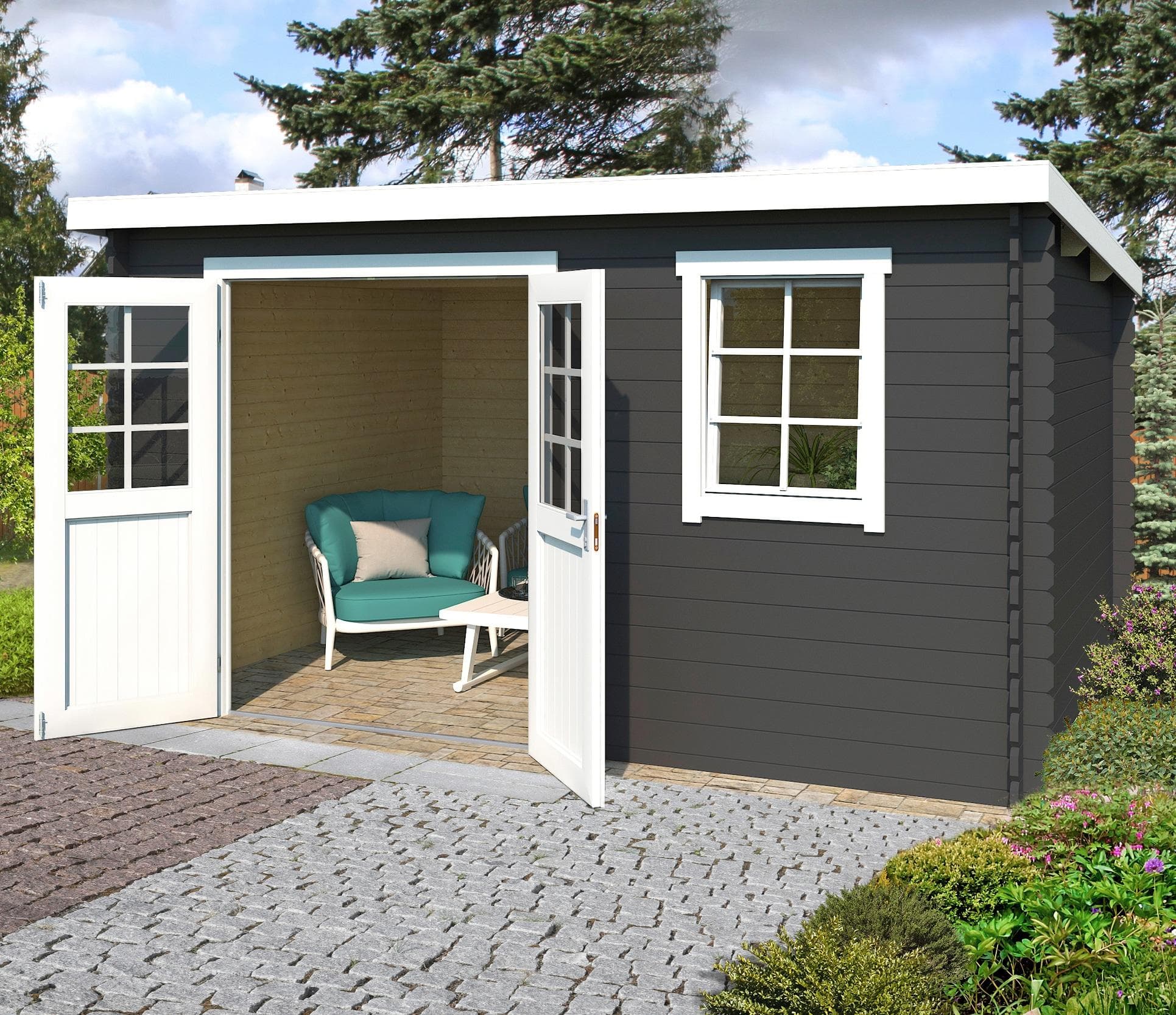 Gartenhaus Blockbohlensystem mit Pultdach und Doppelflügeltür