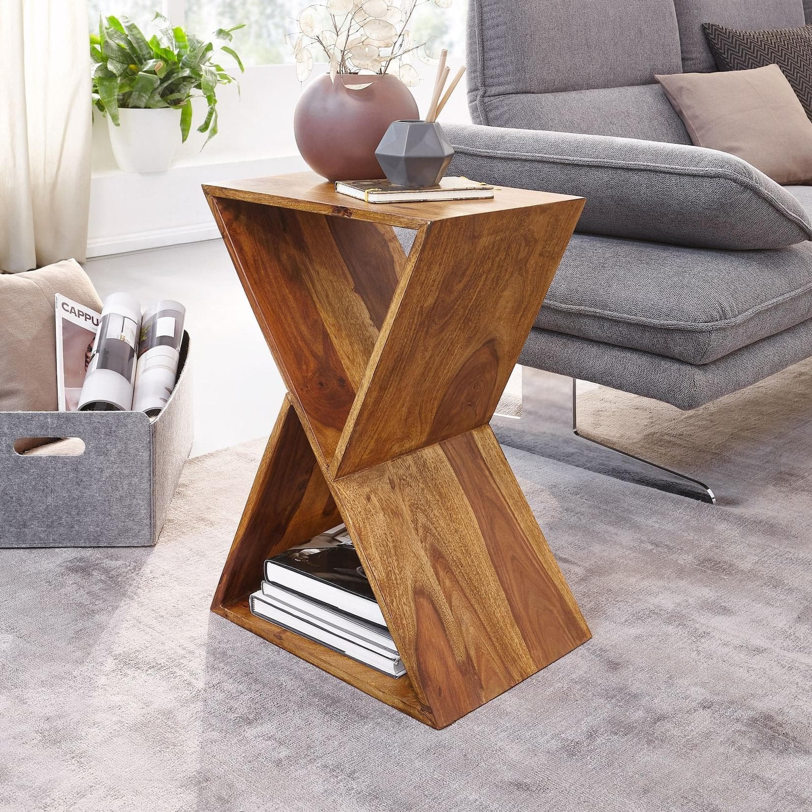 FineBuy Beistelltisch Massivholz X-Form Modern