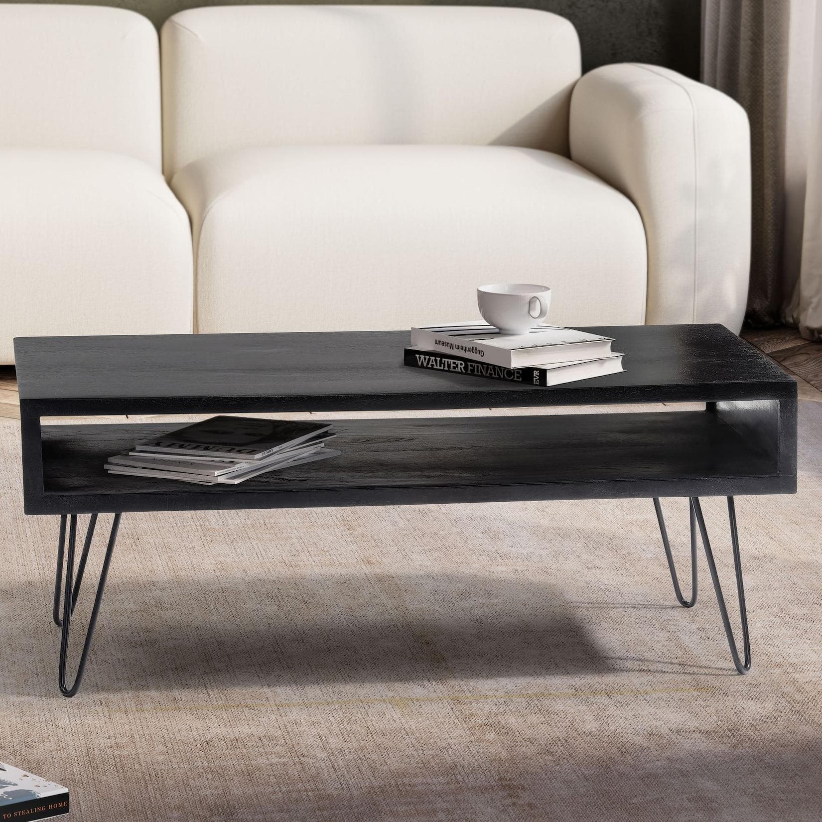 FineBuy Couchtisch Massivholz Schwarz 100cm mit Ablage