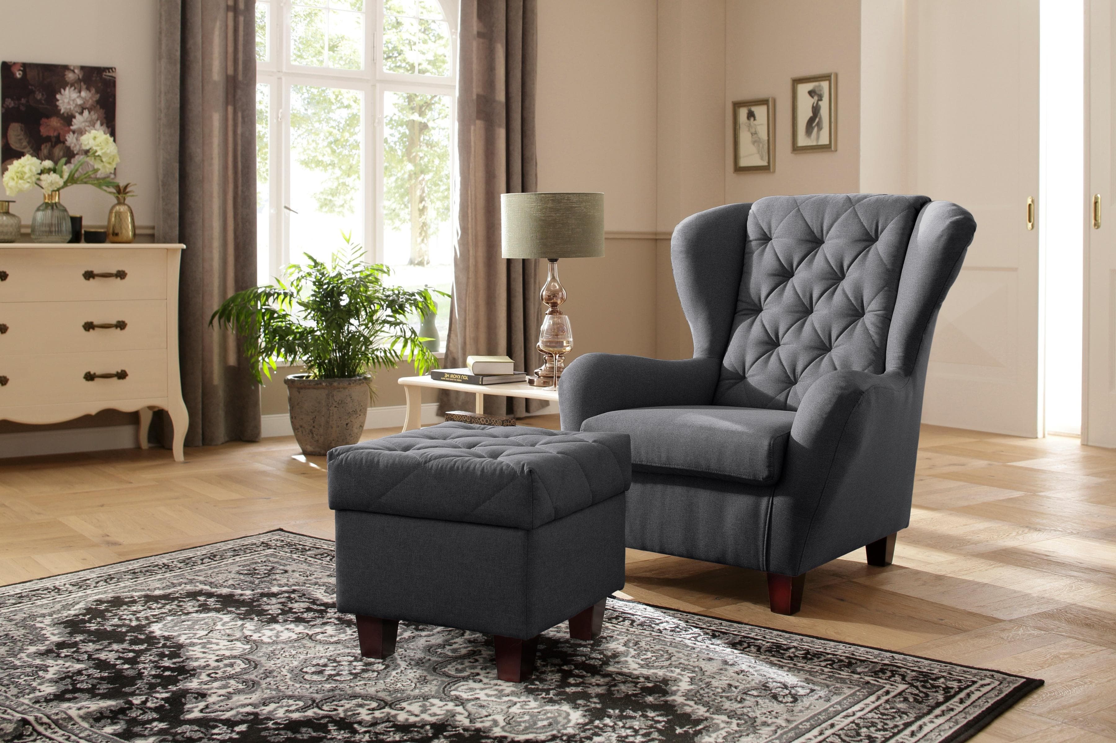Home affaire Ohrensessel Alexandra mit Hocker Anthrazit Samtvelours