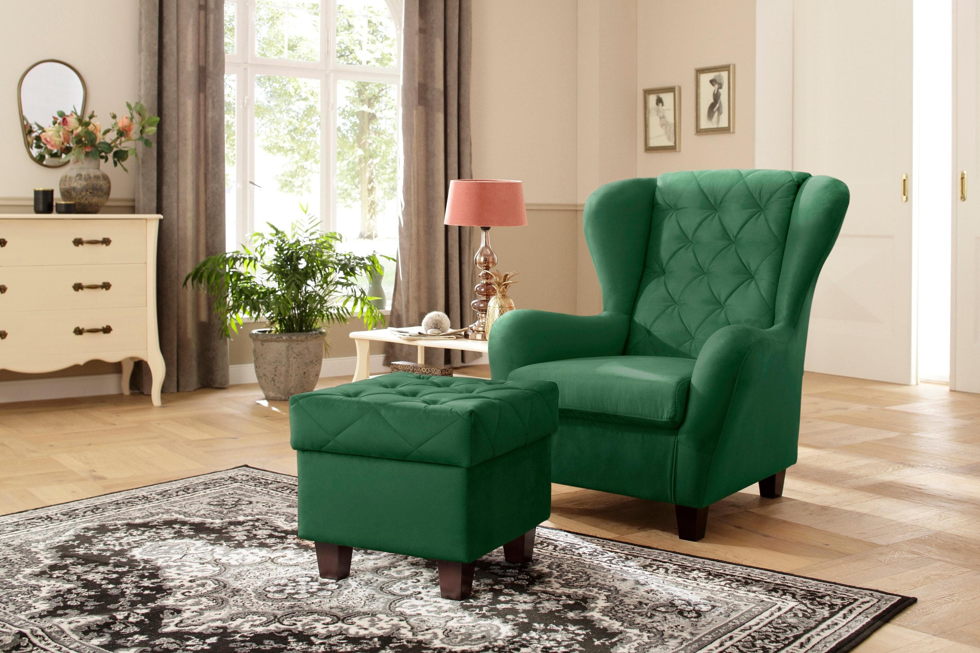 Home Affaire Ohrensessel Alexandra mit Hocker in Flaschengrün