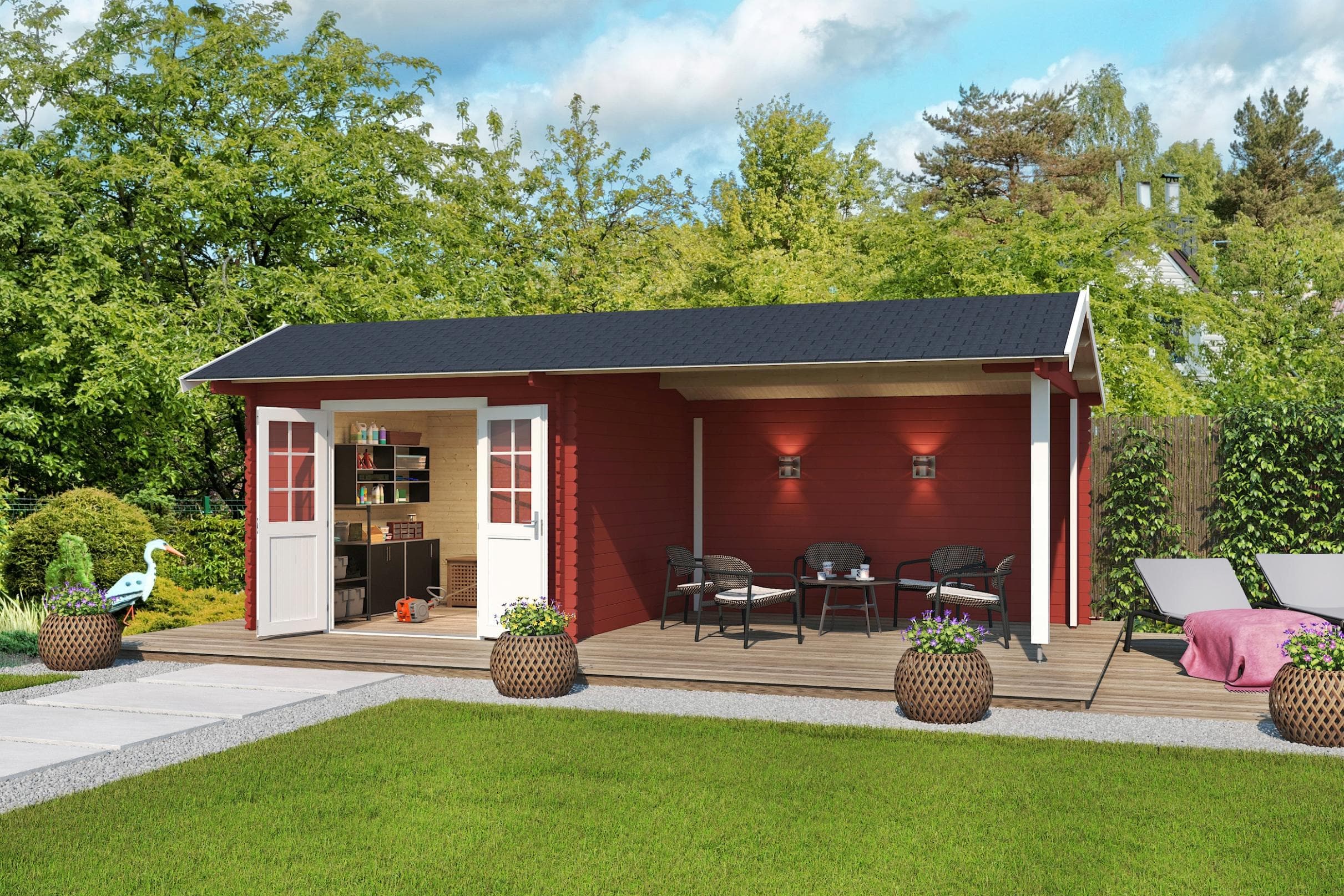 Gartenhaus aus Holzwerkstoff und Fichte in Schwedenrot
