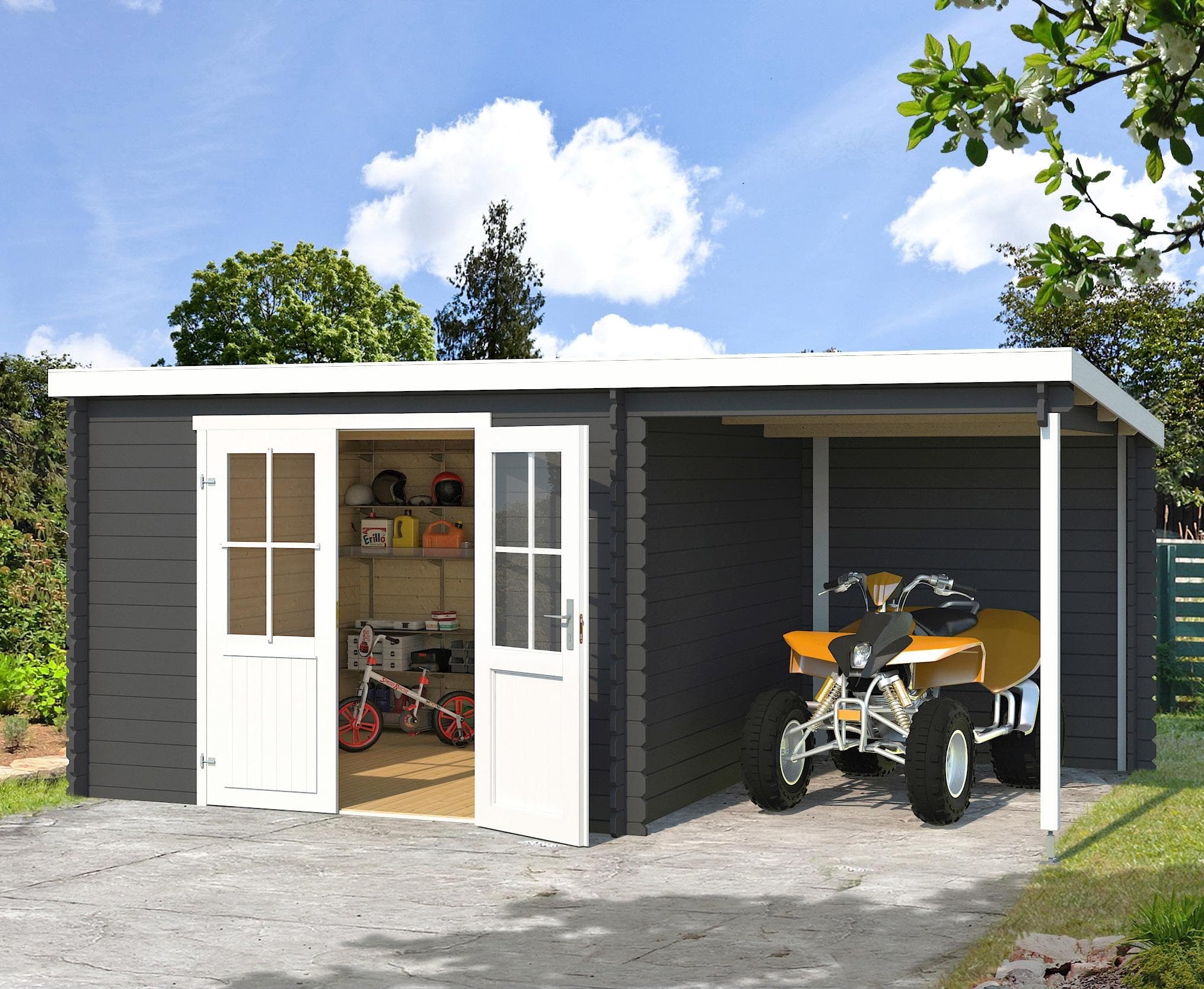 Modernes Gartenhaus aus Holzwerkstoff und Fichte