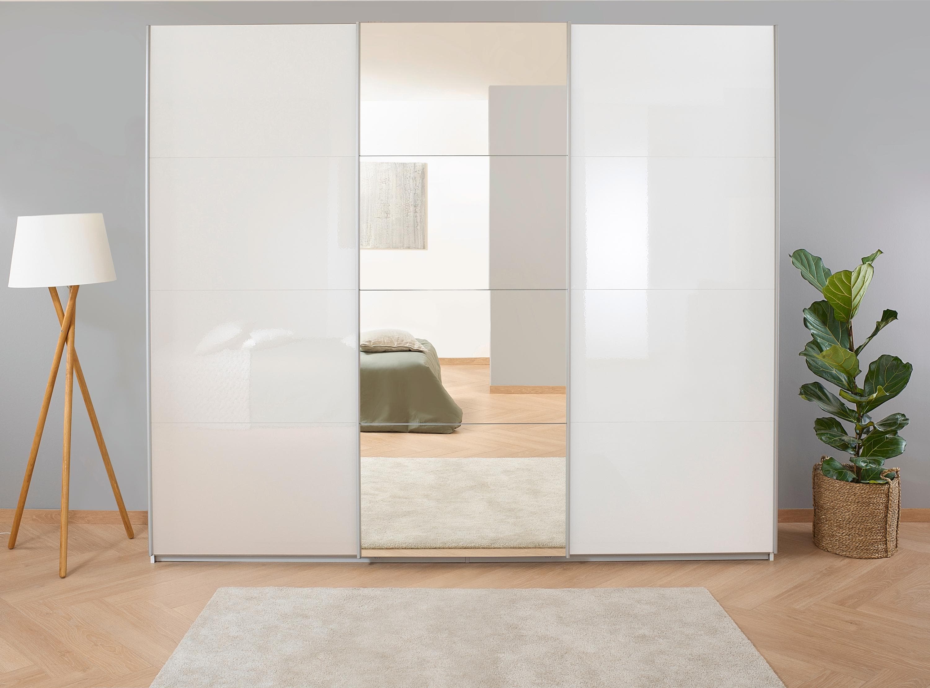 Rauch Schwebetürenschrank KOLUNA Hochglanz Weiß mit Spiegeltür