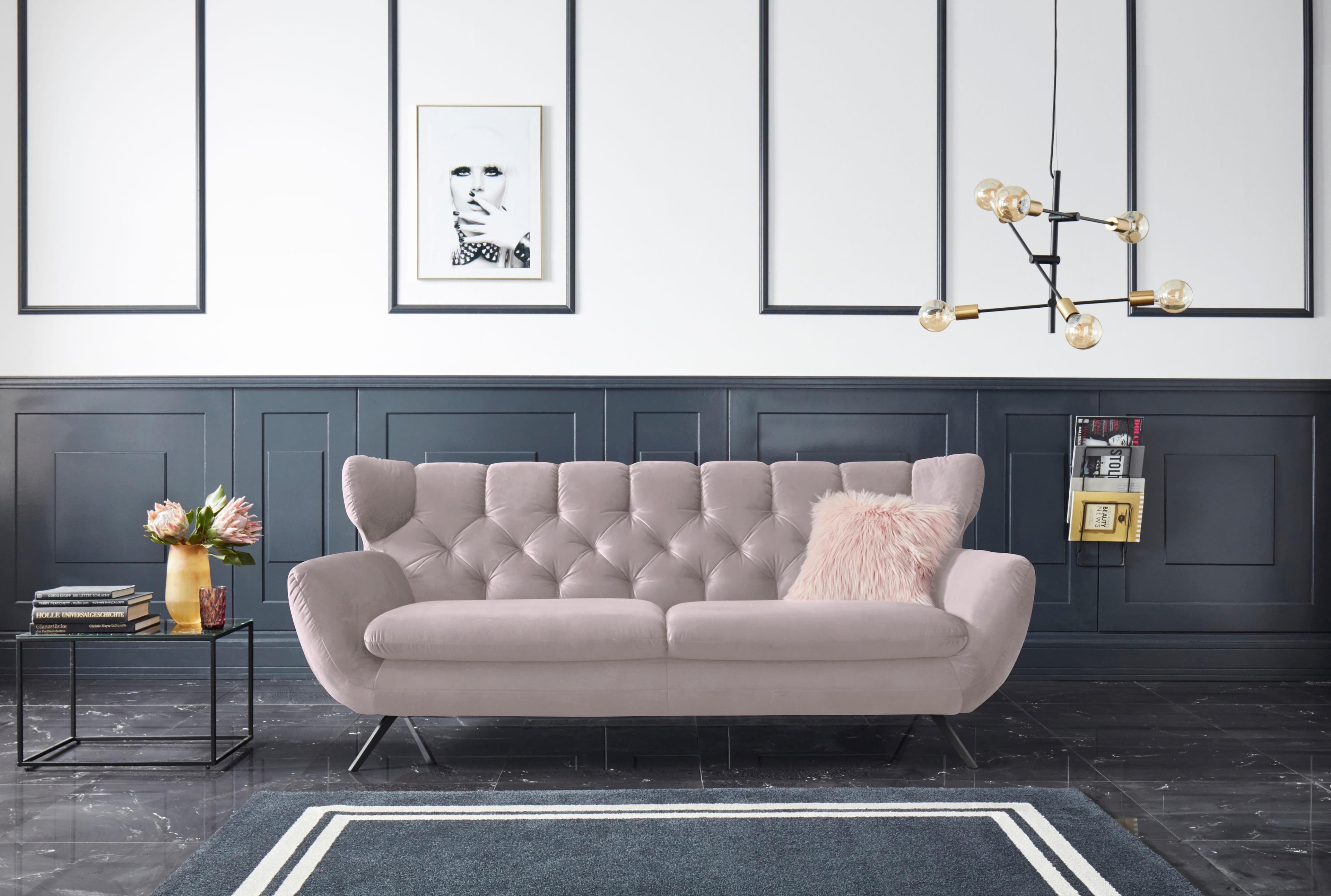 3C CANDY Beatrice 3-Sitzer Sofa Rosa Samt-Optik Retro