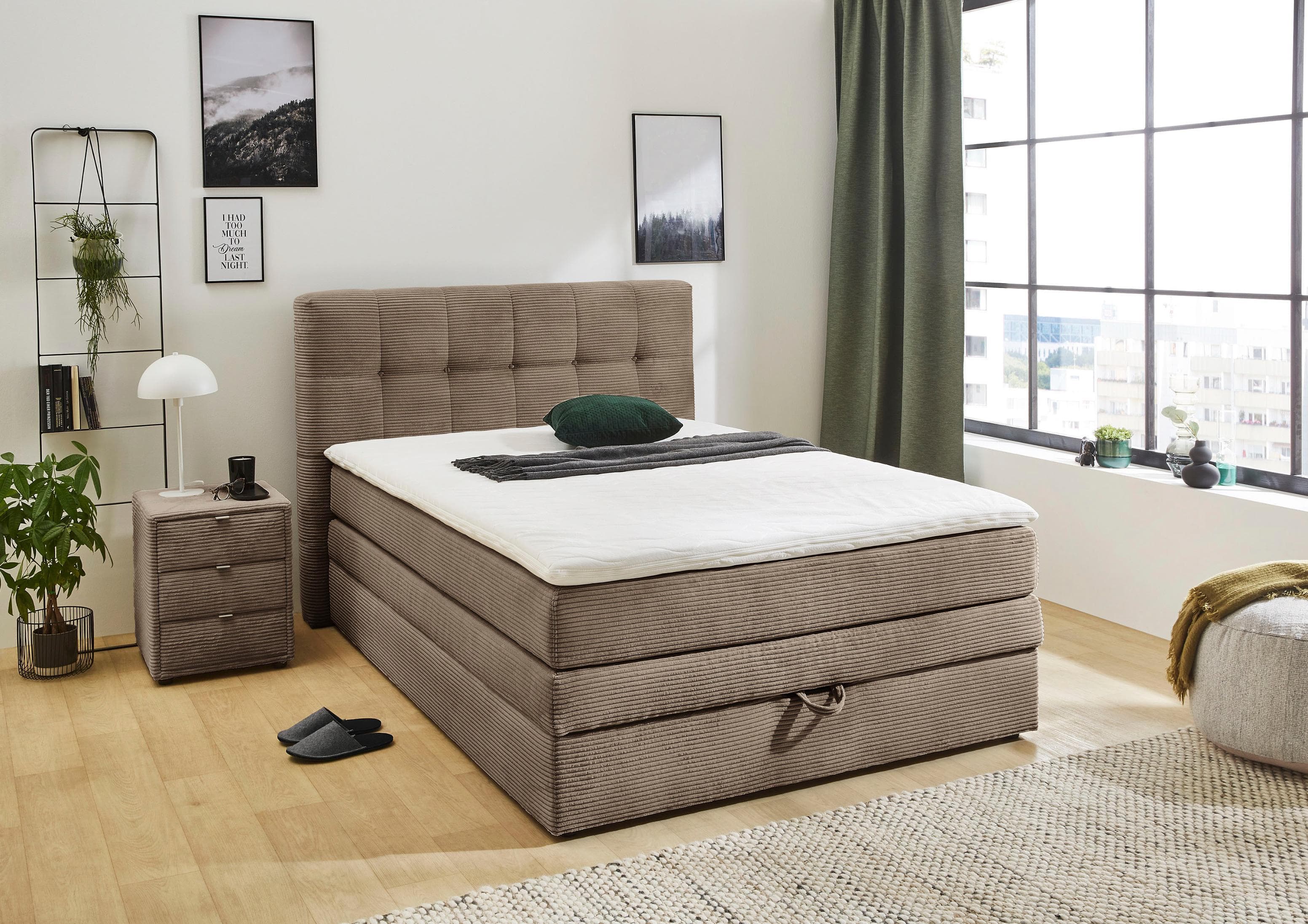 Jockenhöfer Boxspringbett Amy mit Bettkasten und Topper Taupe