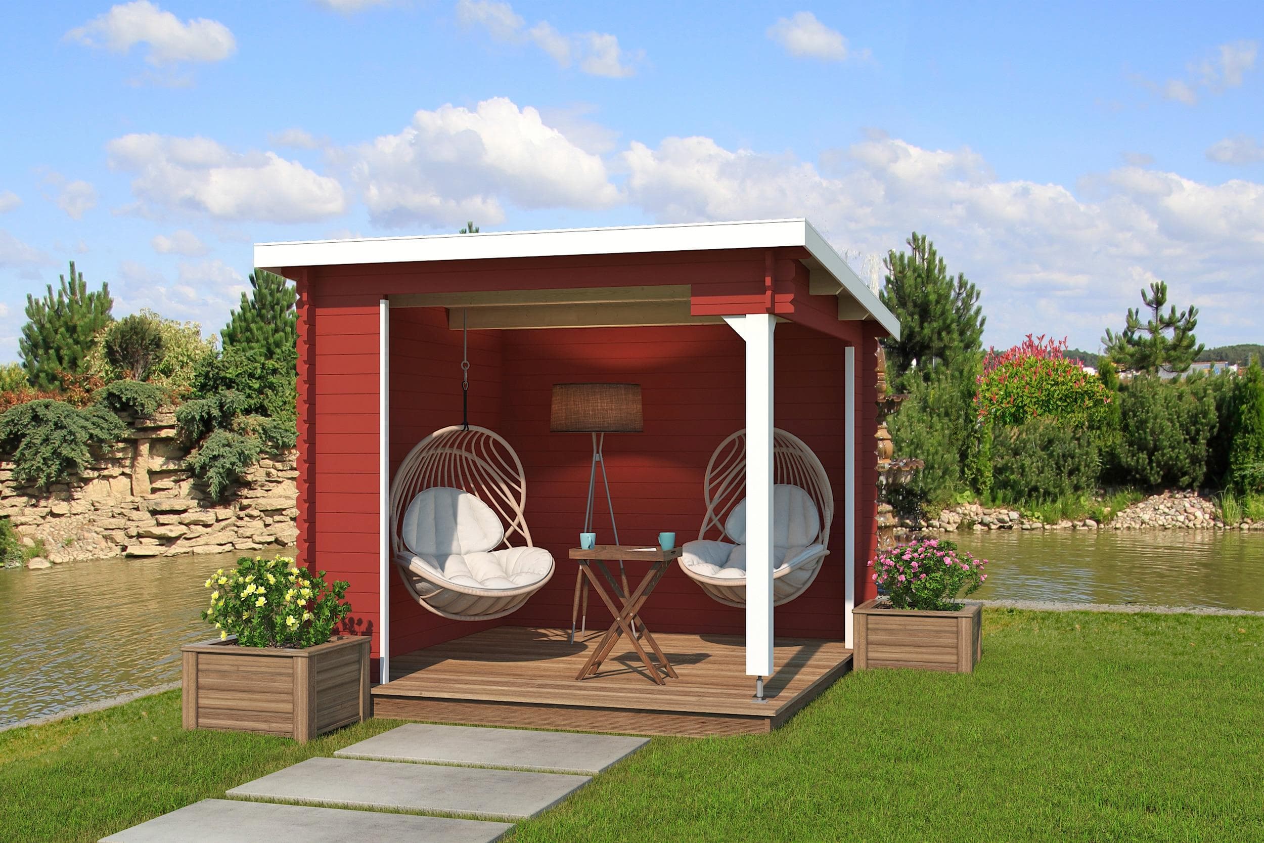 Gartenhaus aus Holzwerkstoff und Fichte in Schwedenrot