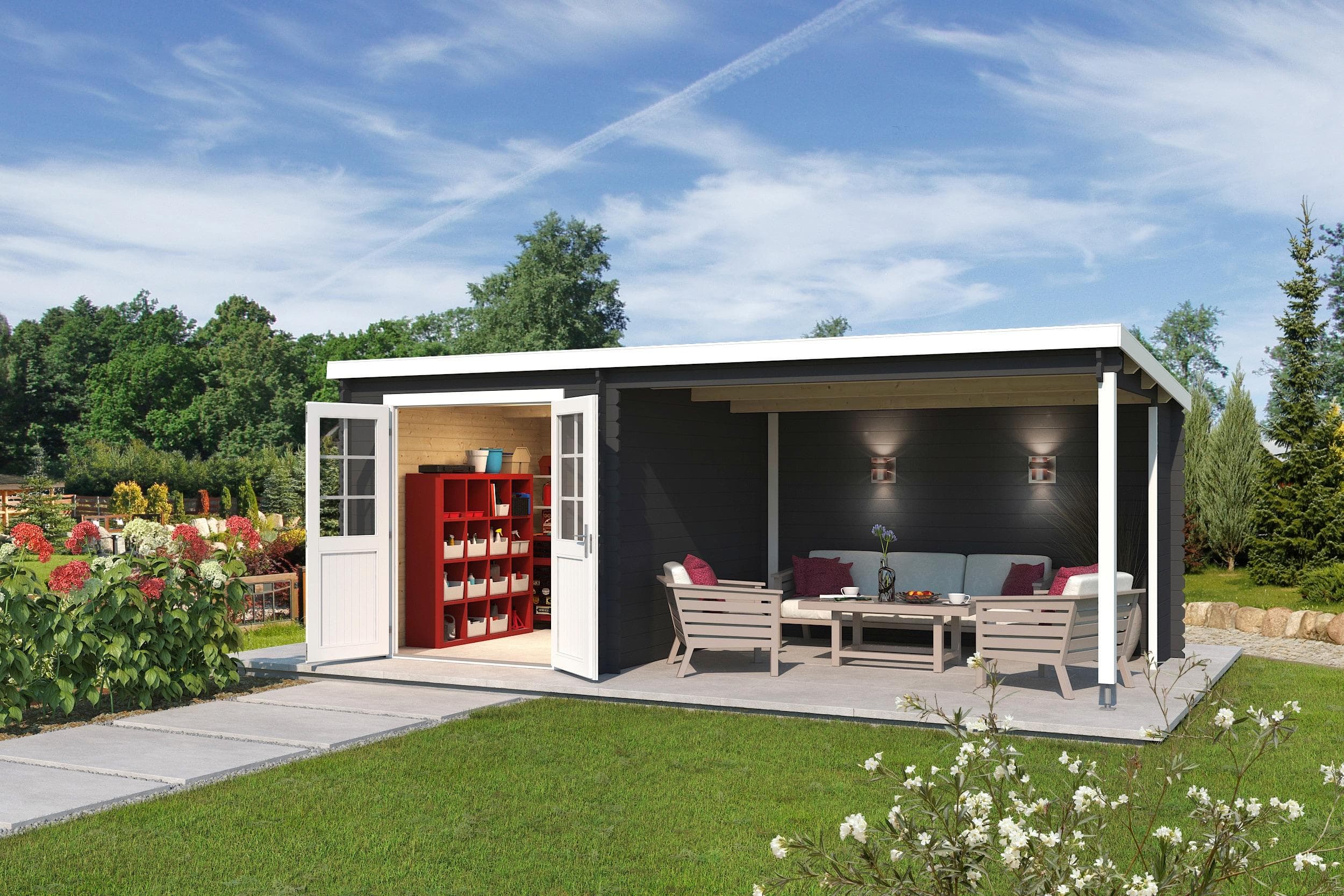 Gartenhaus Pultdach Doppelflügeltür Echtglas