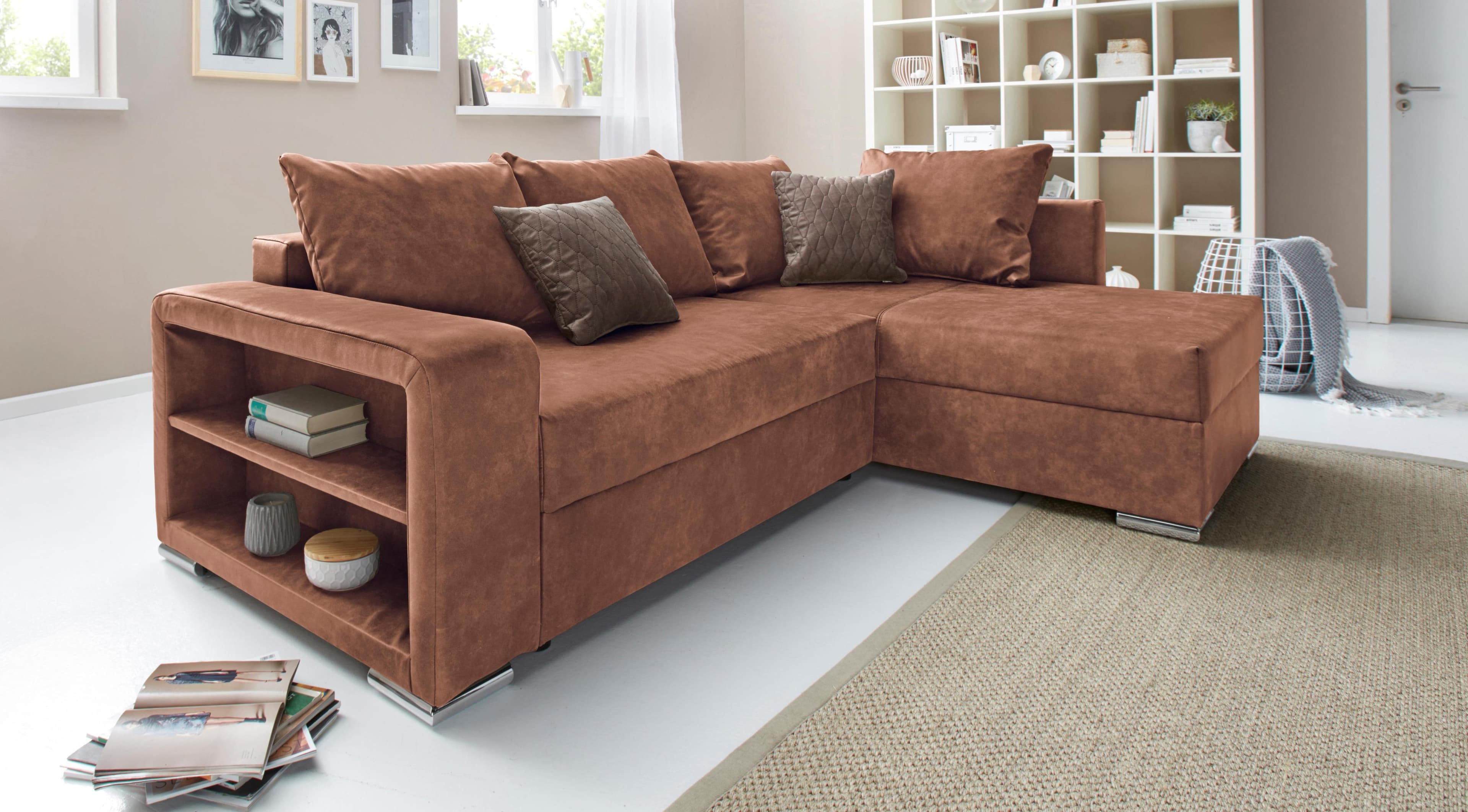 Ecksofa COLLECTION AB John L-Form Cognac Microfaser mit Bettfunktion