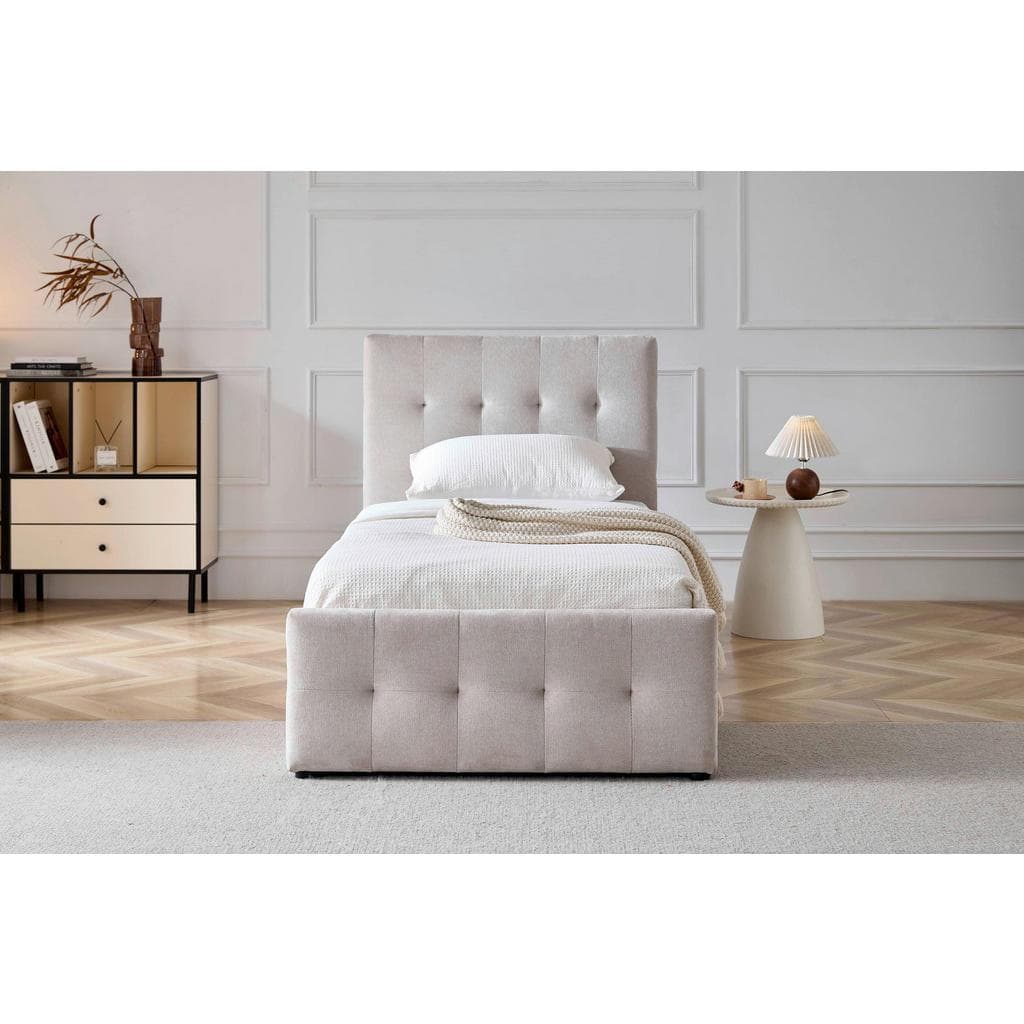 Boxxx Polsterbett Beige mit Bettkasten und gepolstertem Kopfteil