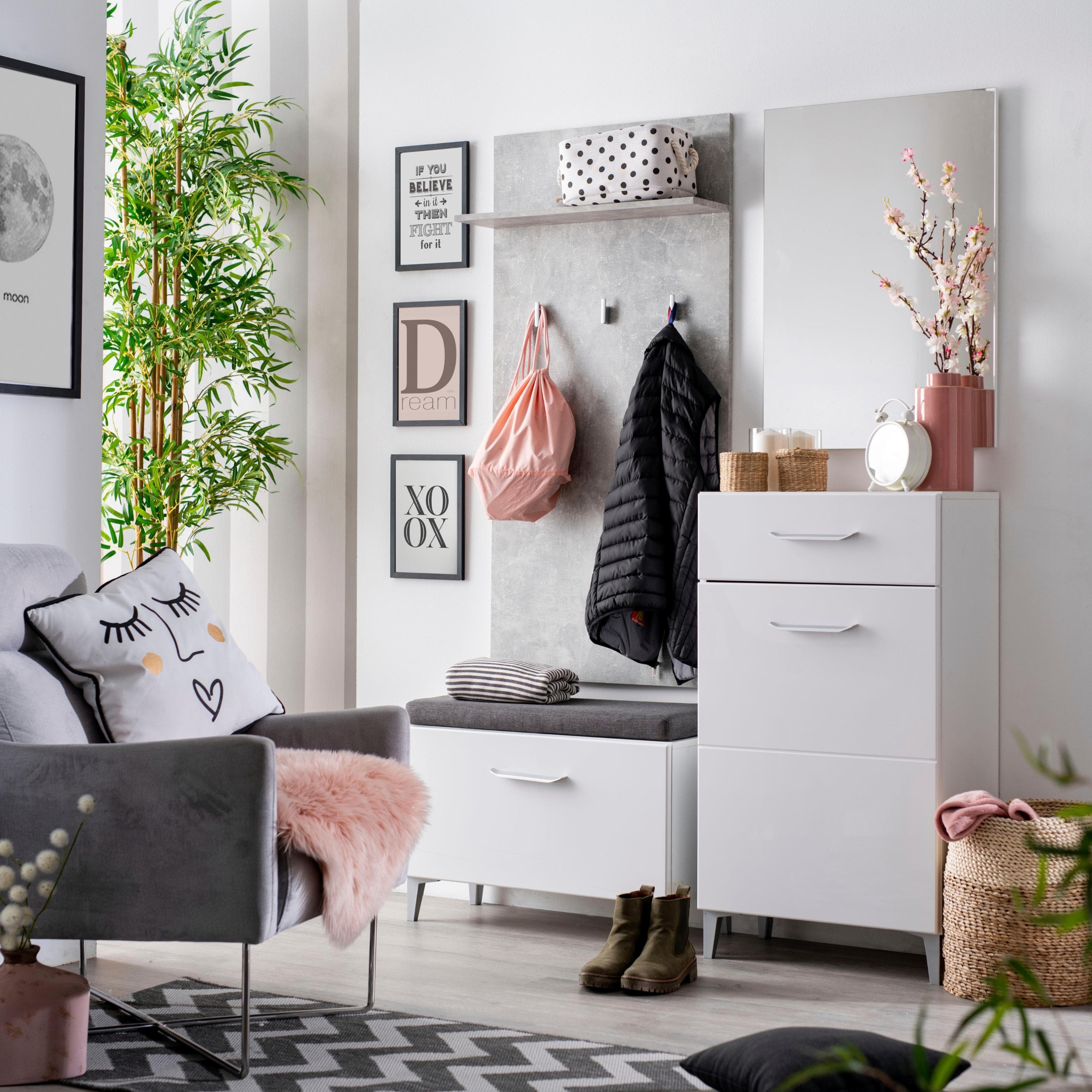 INOSIGN Garderoben-Set Como Weiß Betonoptik mit Schuhschrank und Spiegel