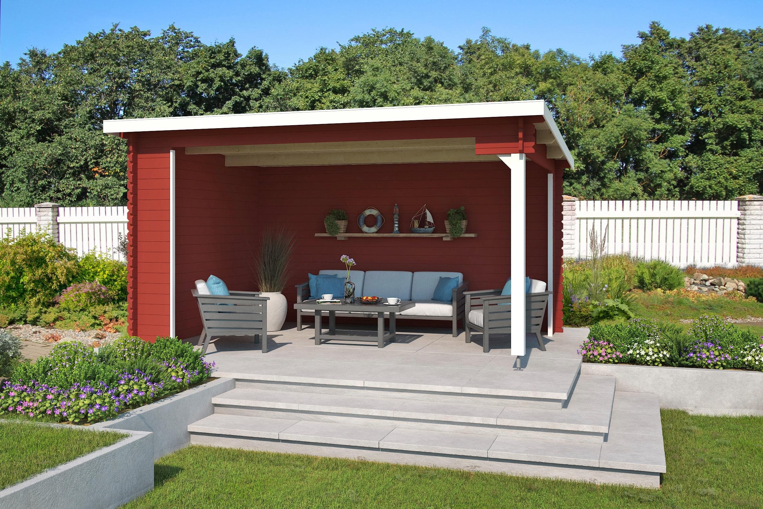 Gartenhaus Blockbohlensystem Pultdach Schwedenrot