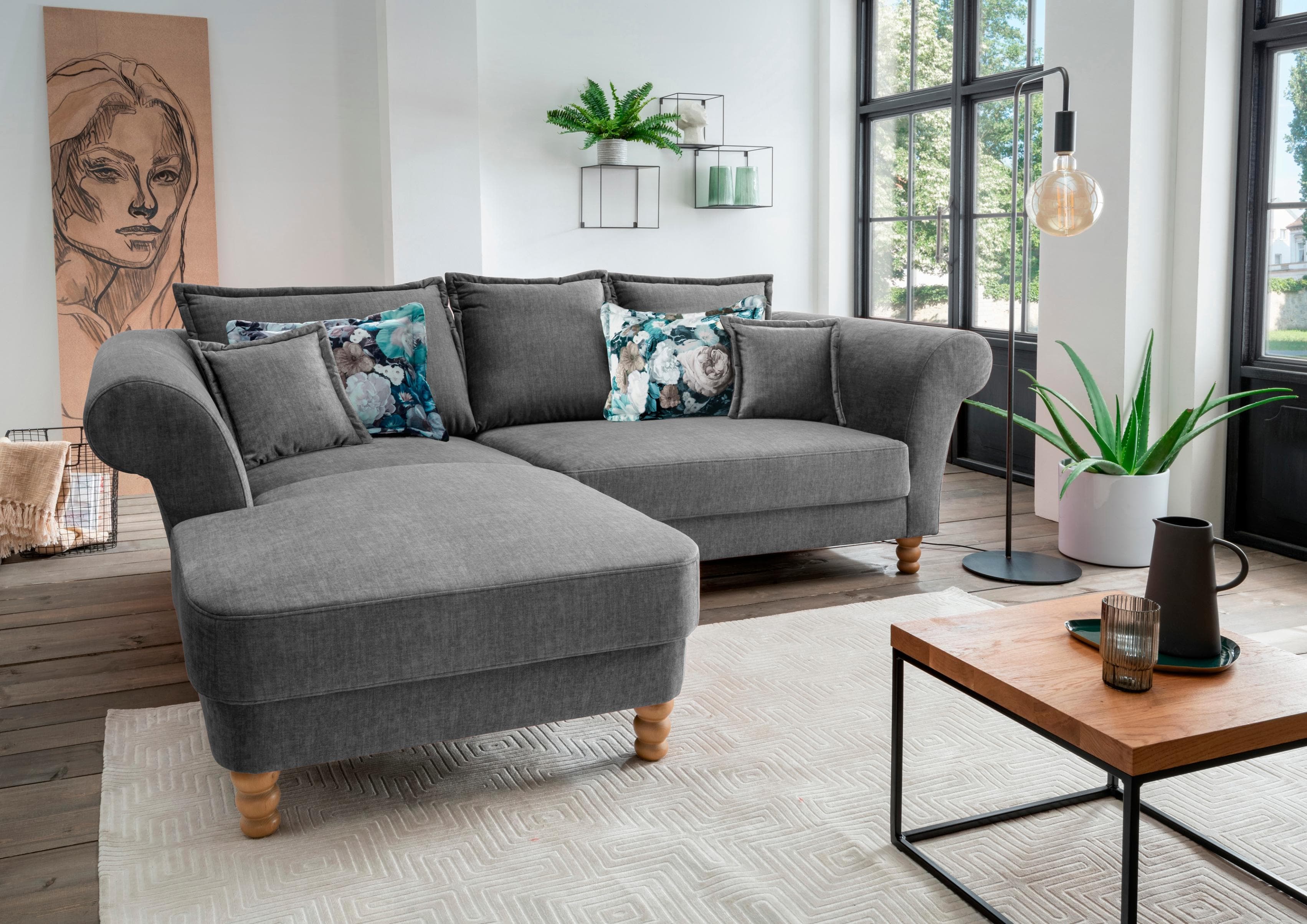 HOME AFFAIRE Tassilo Mega Ecksofa L-Form Asche Velours