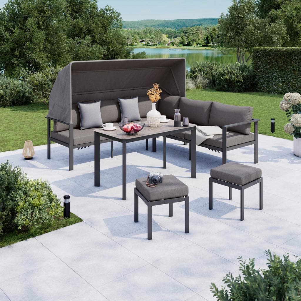 Ambia Garden Dining-Loungeset 5-tlg. Aluminium Grau mit Sonnenblende