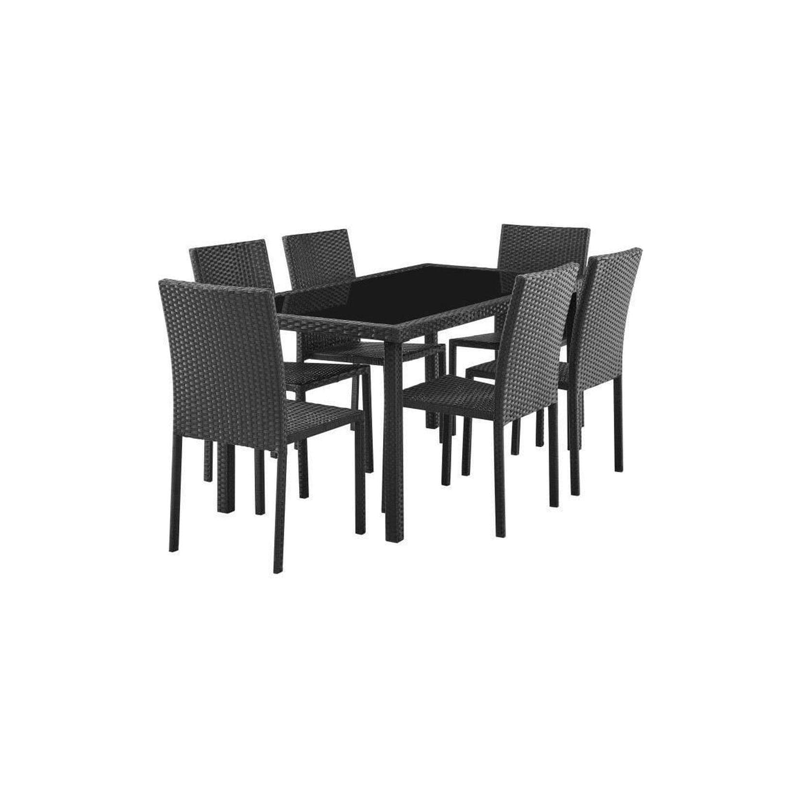 CALVI Garten-Essgruppe 9-tlg. Schwarz Glas & Kunstharzgeflecht