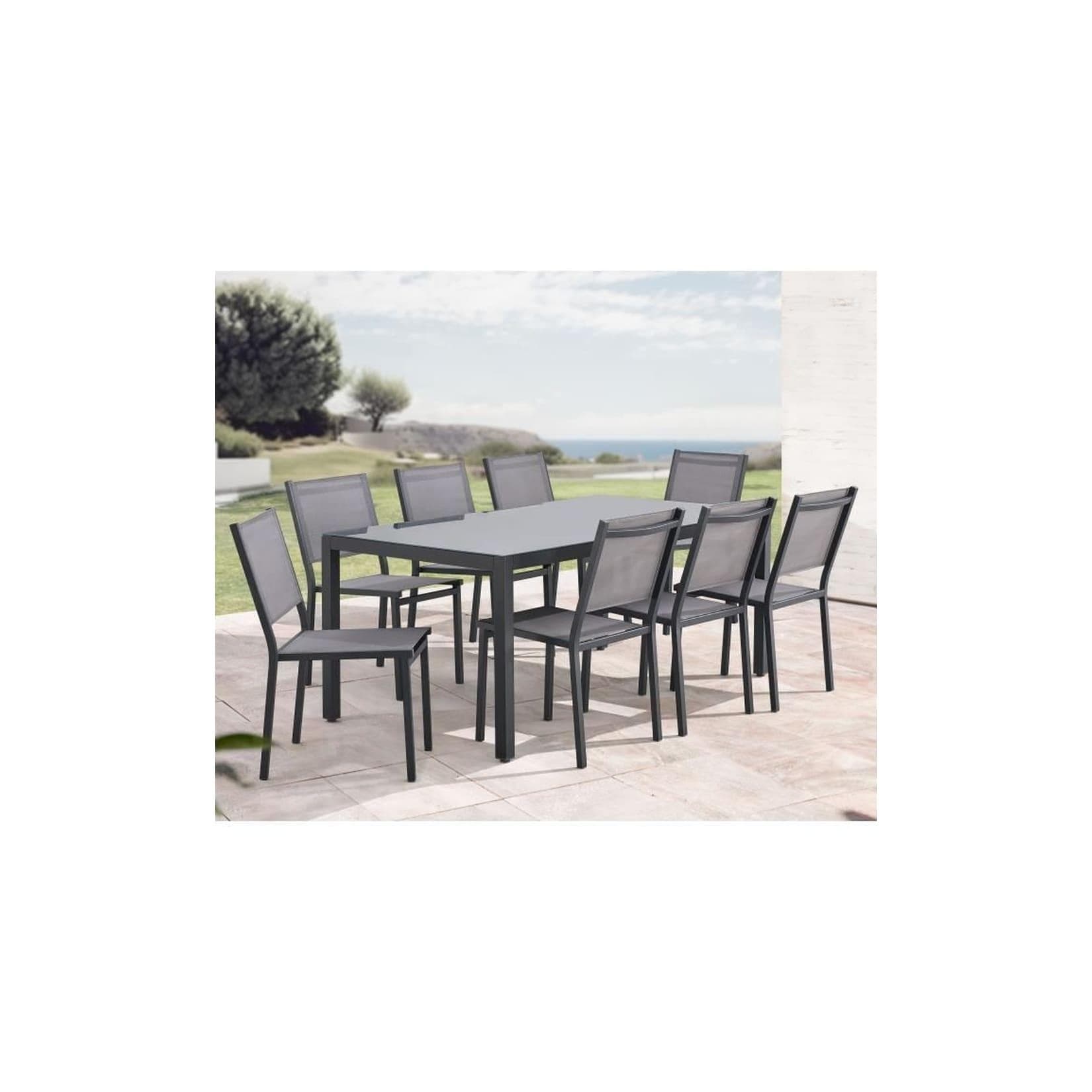 CALVI Garten-Essgruppe 180 cm Tisch + 8 Stühle Aluminium Glas Grau