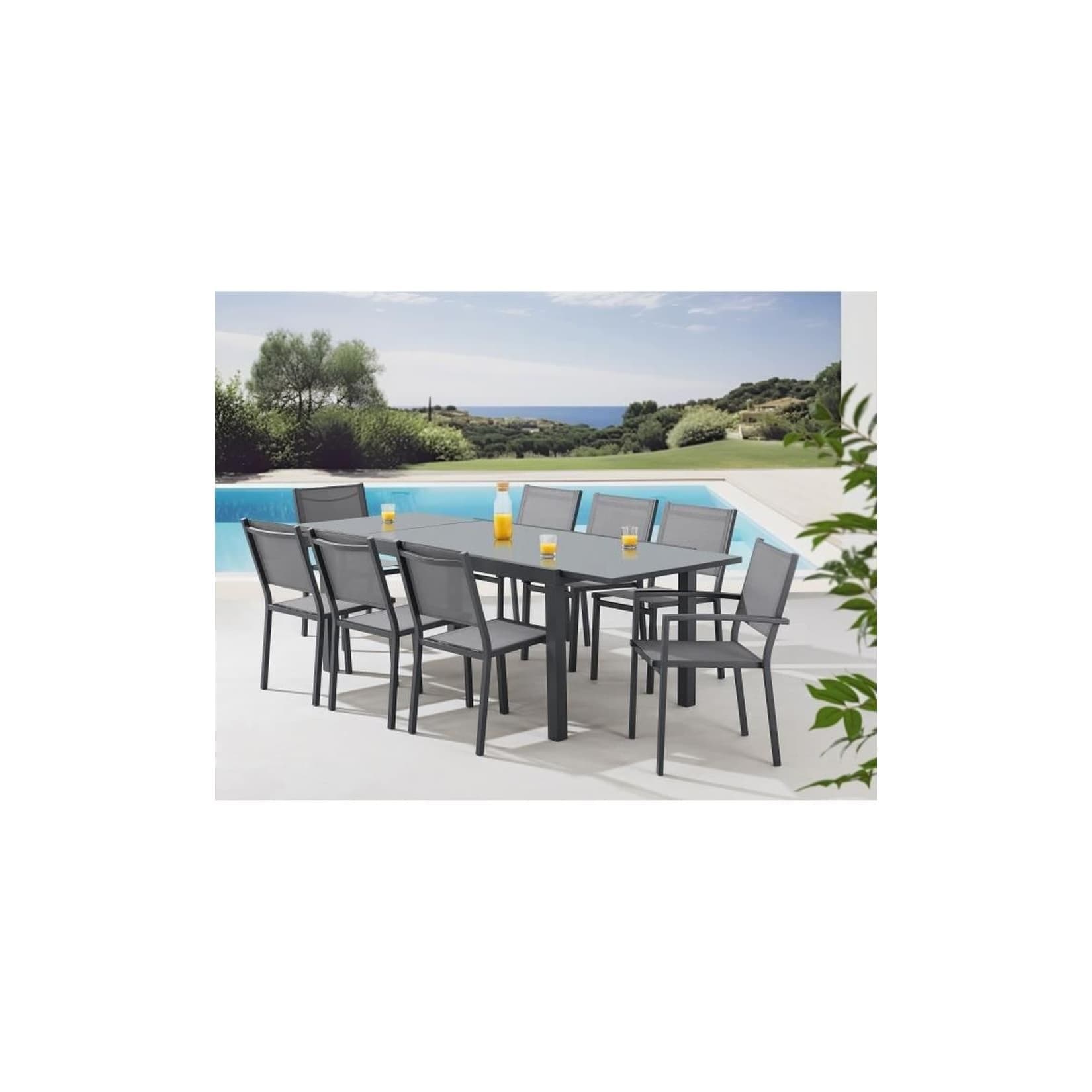 CALVI Garten-Essgruppe 8-tlg. Grau Ausziehbarer Tisch