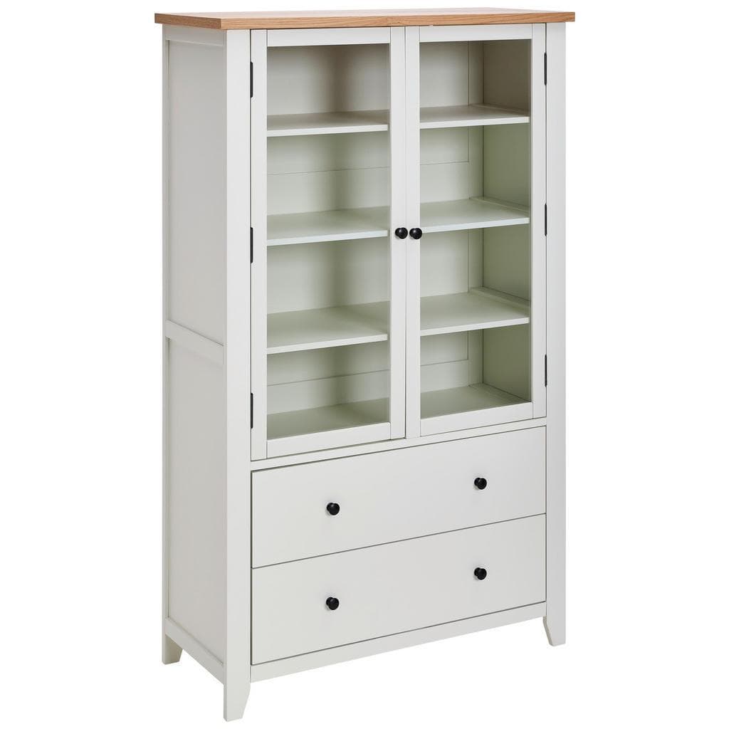 Mid.you Vitrine Klar Weiß Eiche Kiefer Massiv 3 Fächer 2 Schubladen
