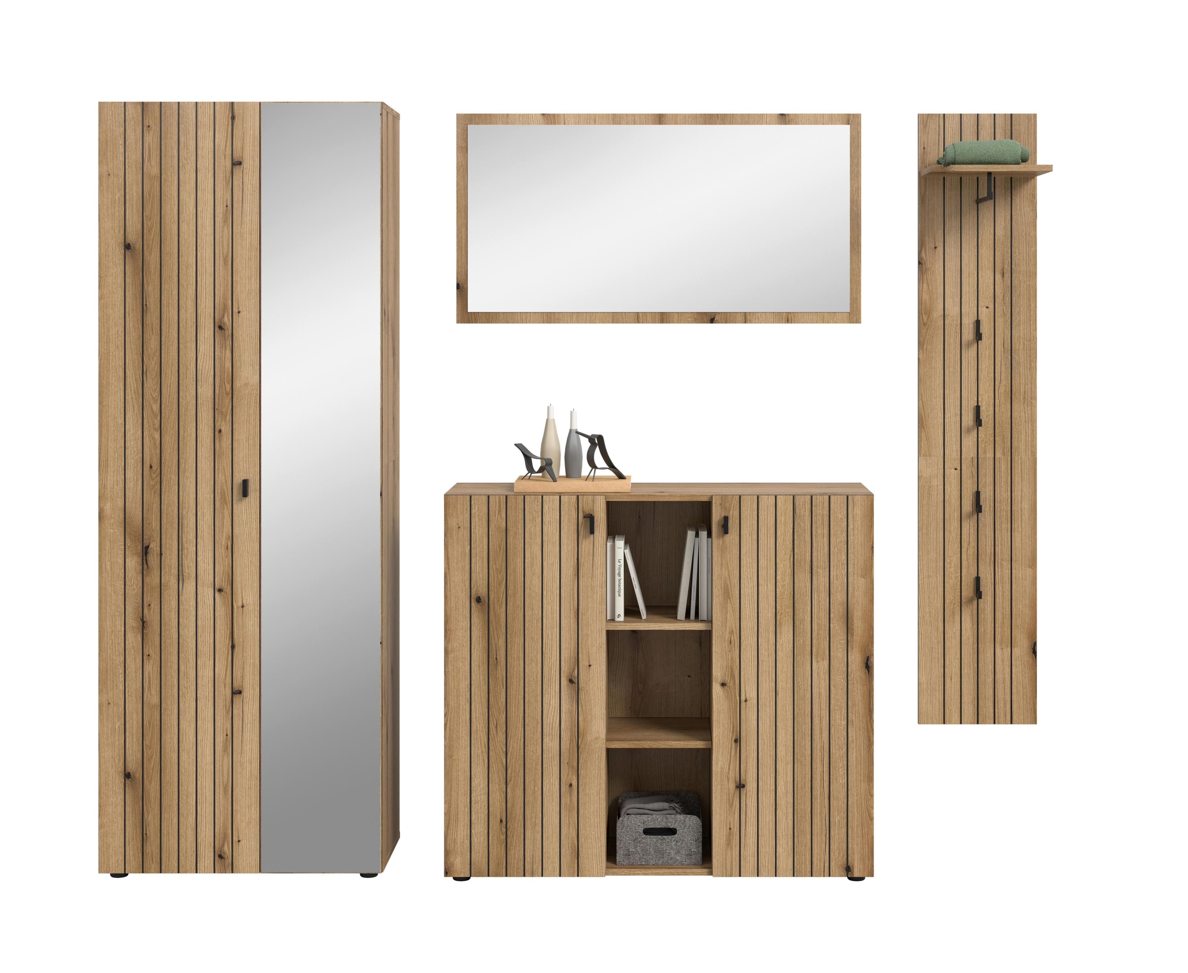 Garderobe Station 4-tlg. mit Spiegel und Hängeleiste Eichefarben