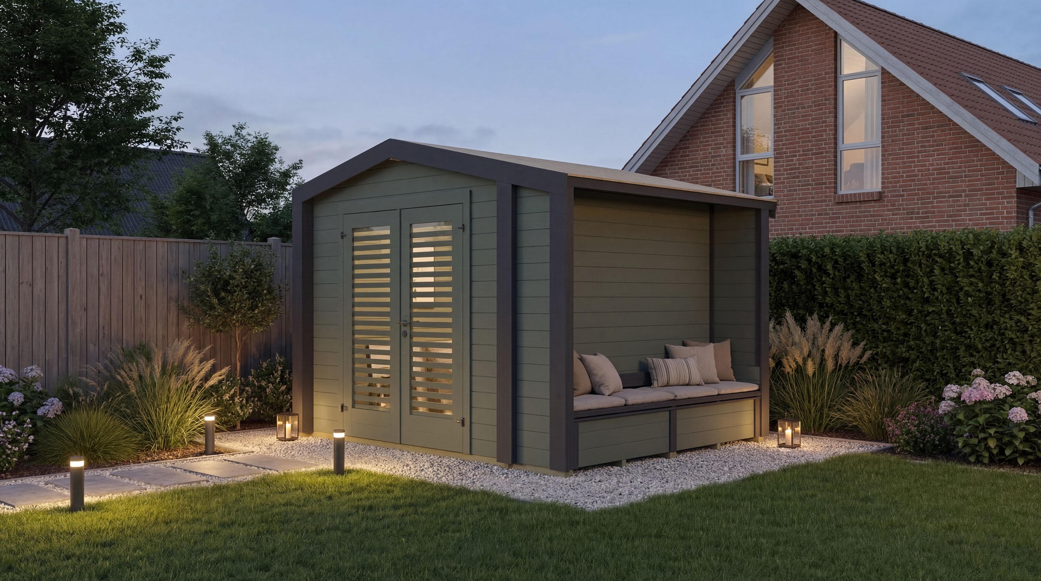 WEKA Gartenhaus Killarney Massivholz Anthrazit/Grüngrau mit Sitztruhe