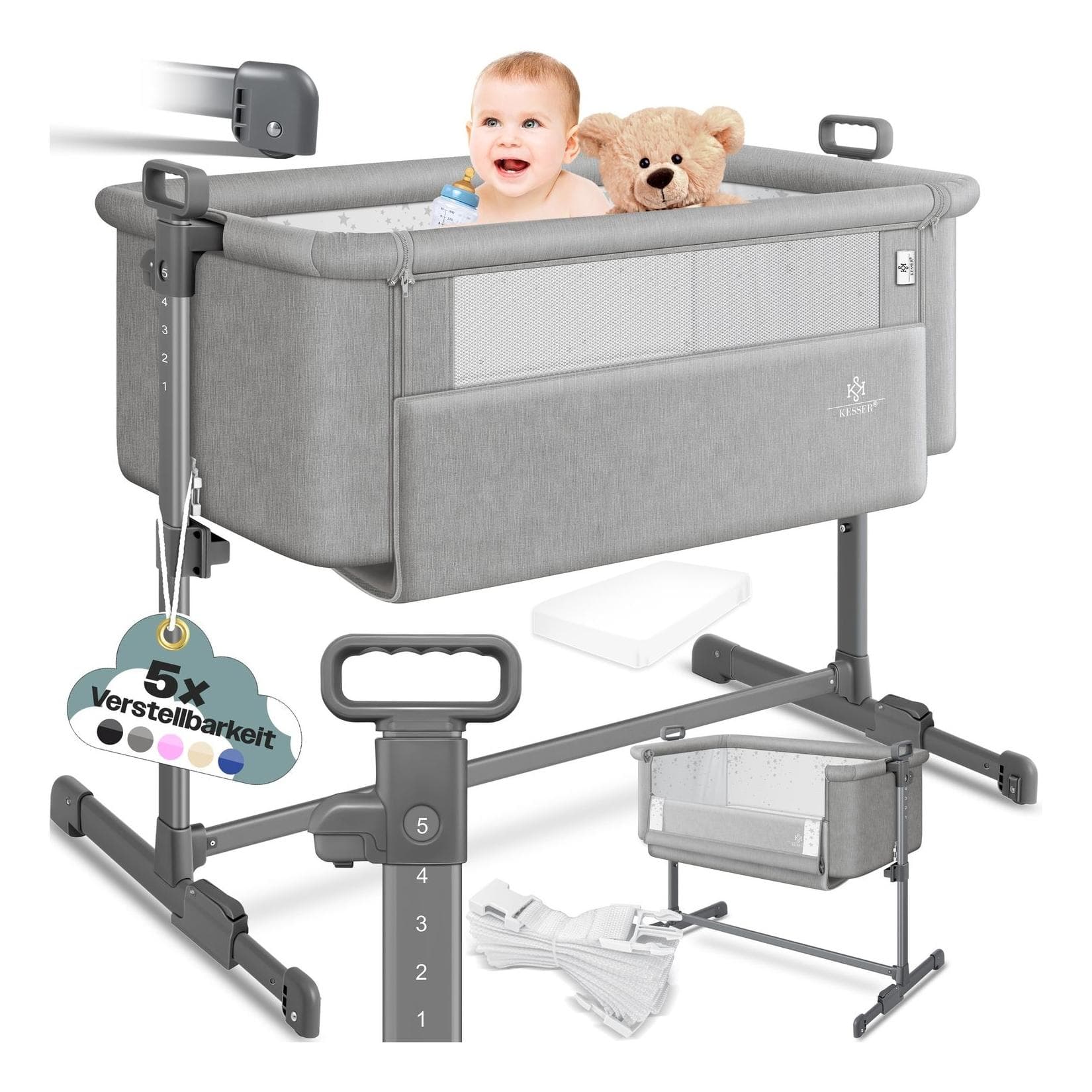 KESSER Kinderbett Hubi 3in1 Beistellbett Reisebett Grau