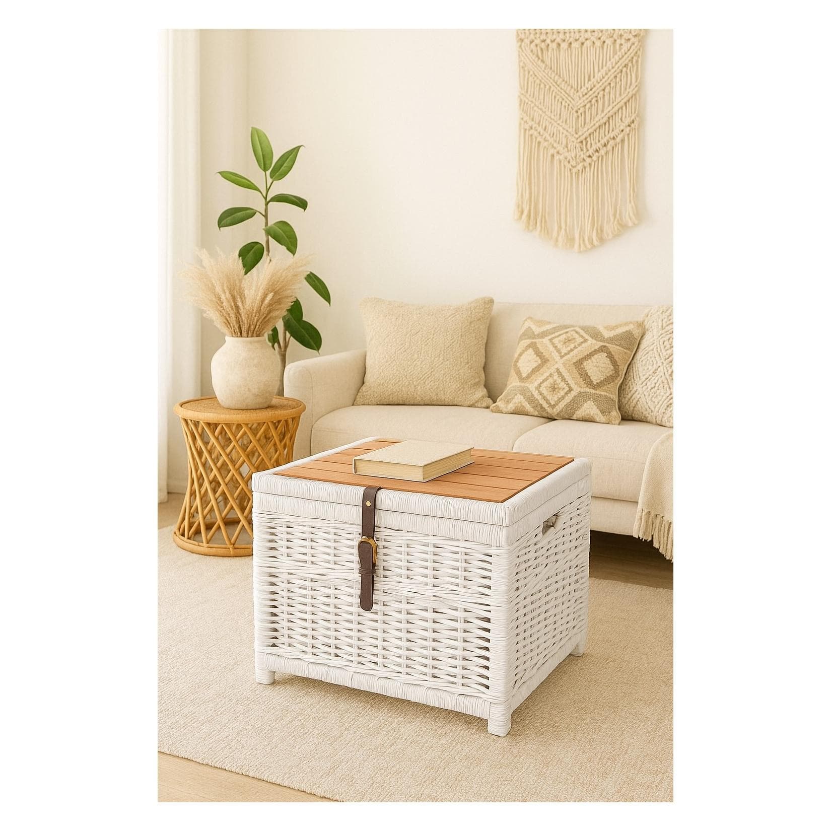Couchtisch Guido mit aufklappbarer Massivholzplatte und Rattan