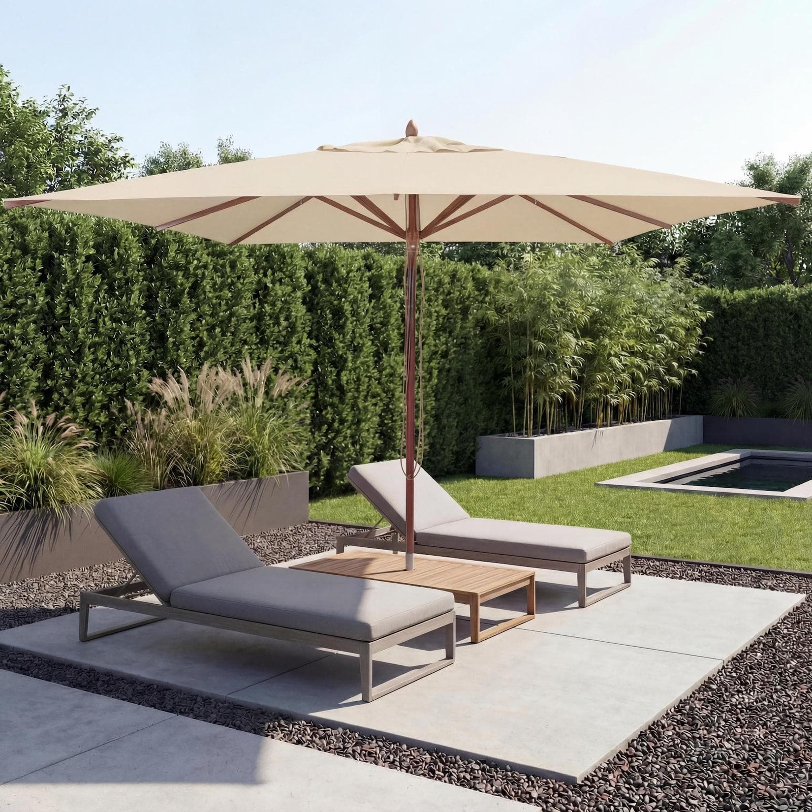MCW Holz-Sonnenschirm Eckig 3x3m Creme Seilzug