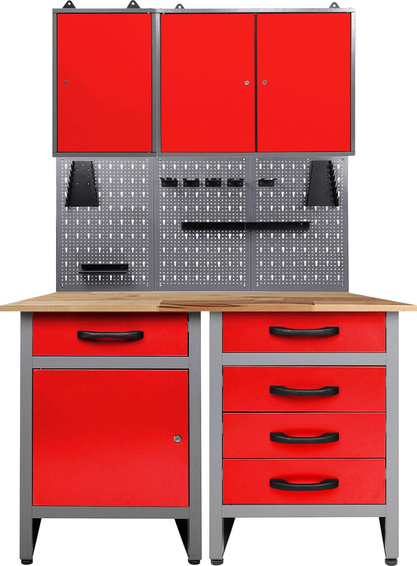 ONDIS24 Werkstatt-Set Anthrazit/Rot mit Werkbank, Lochwand & Hängeschrank