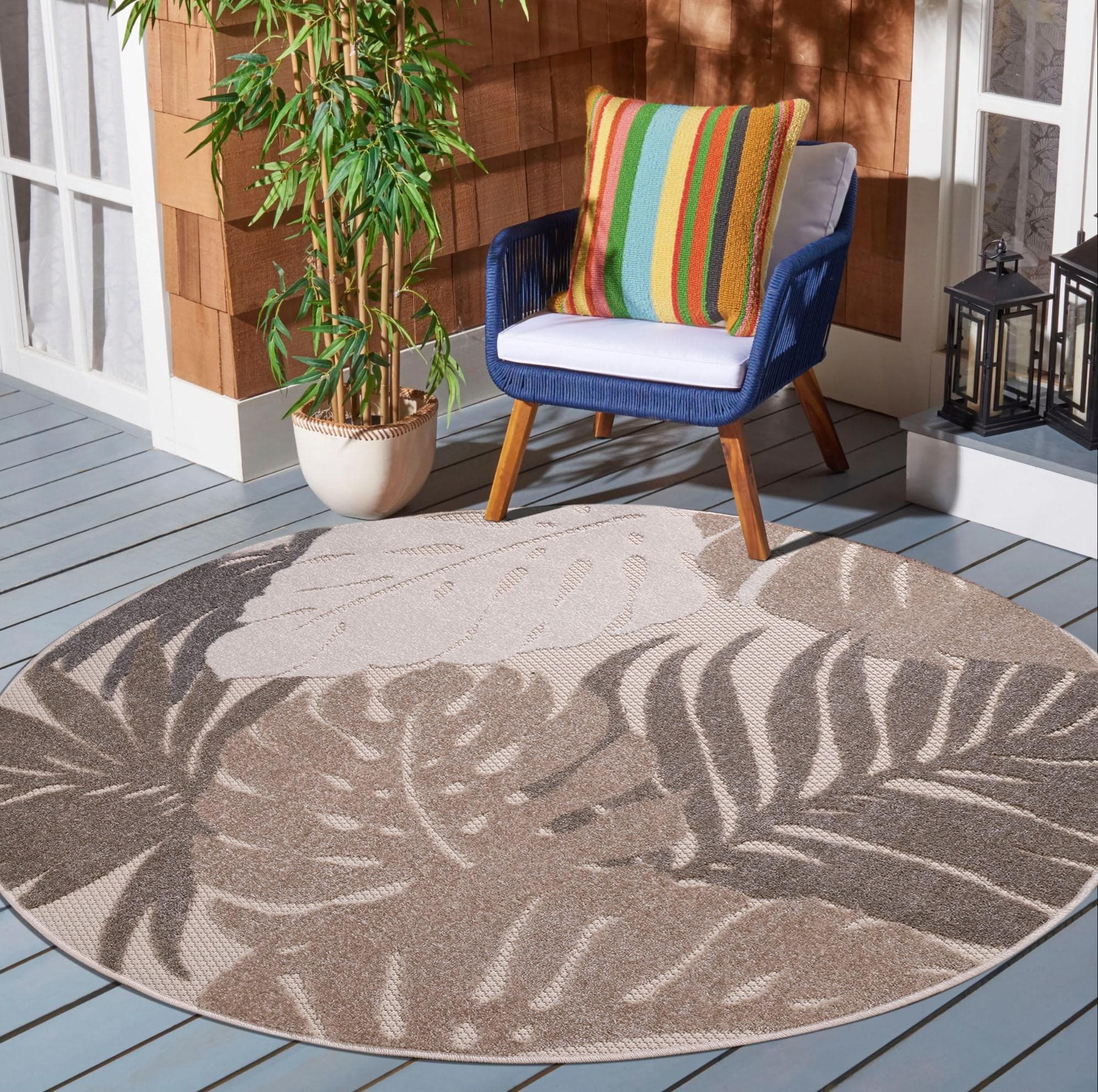 SANAT Floral Outdoor Teppich Beige Rund 150cm Kunstfaser