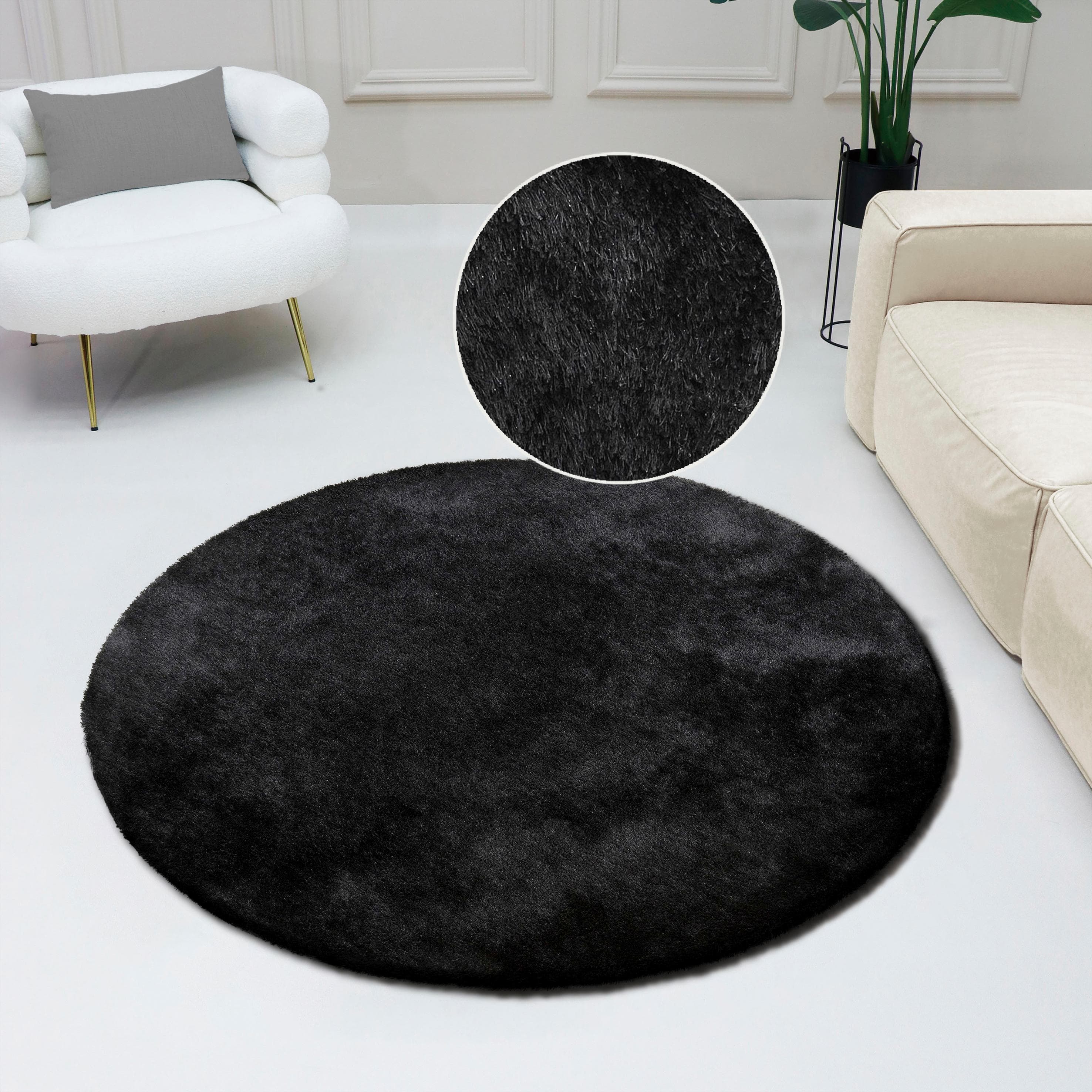 Bruno Banani Hochflor-Teppich Schwarz Rund Uni-Design