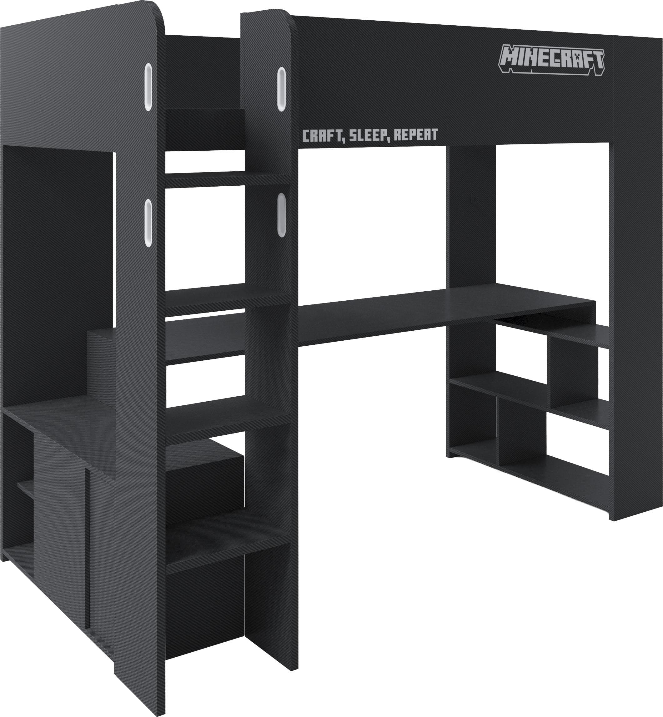 Phoenix Hochbett Minecraft Schwarz mit Schreibtisch & RGB-LED