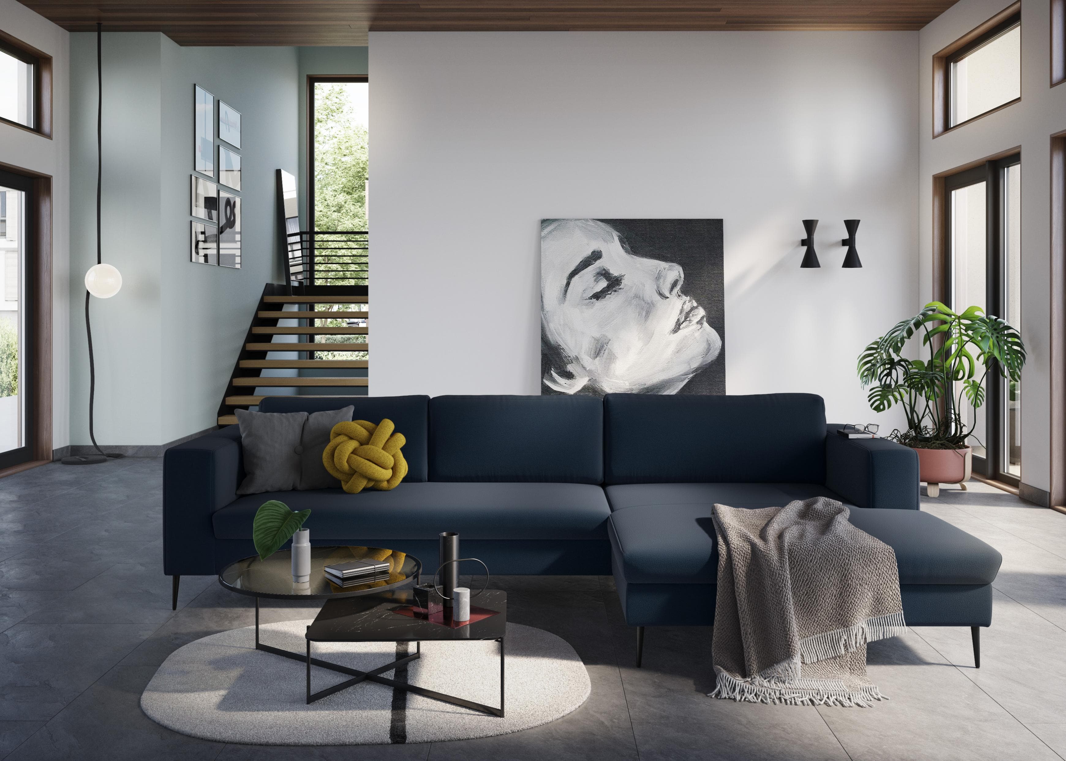DOMO COLLECTION Ecksofa Modica L-Form Blau Bouclé mit Recamiere