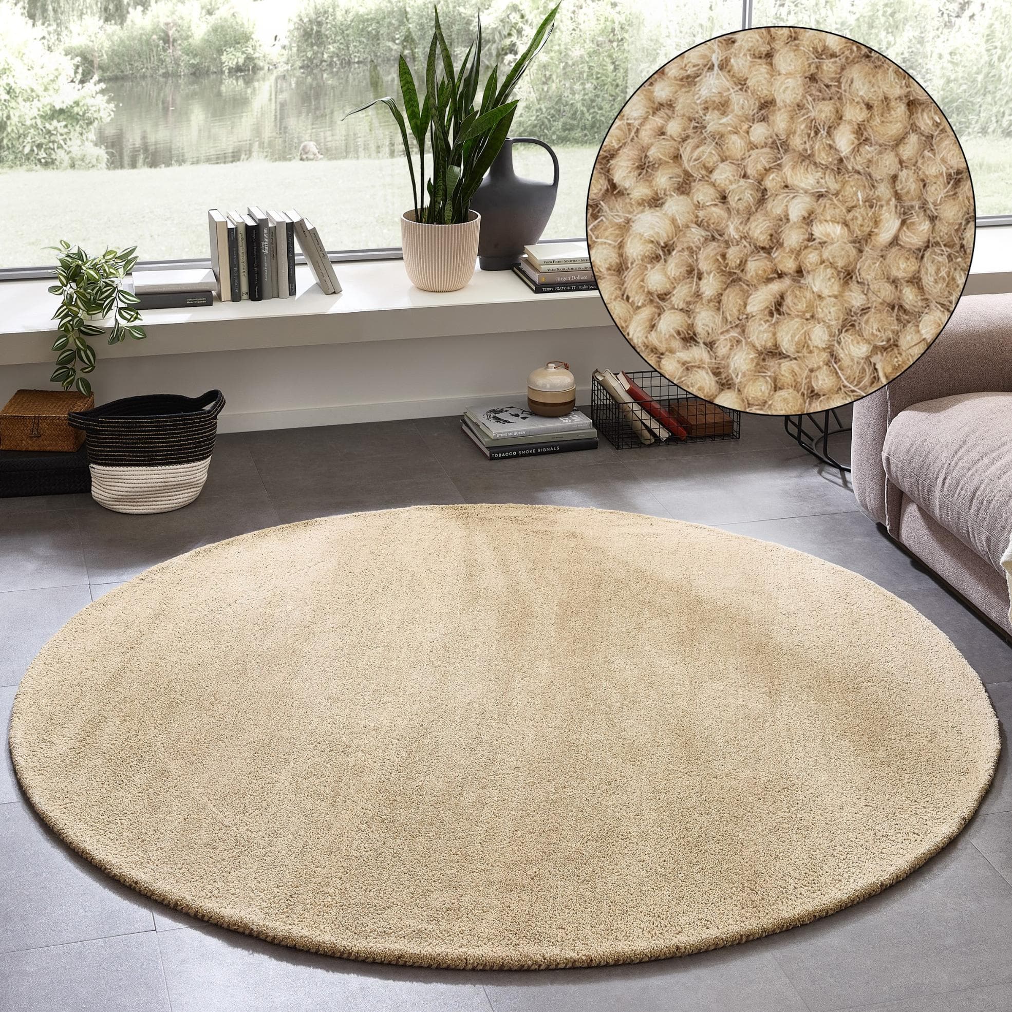 THEKO Wollteppich Gabbeh Uni Handgefertigt Rund Beige 190cm