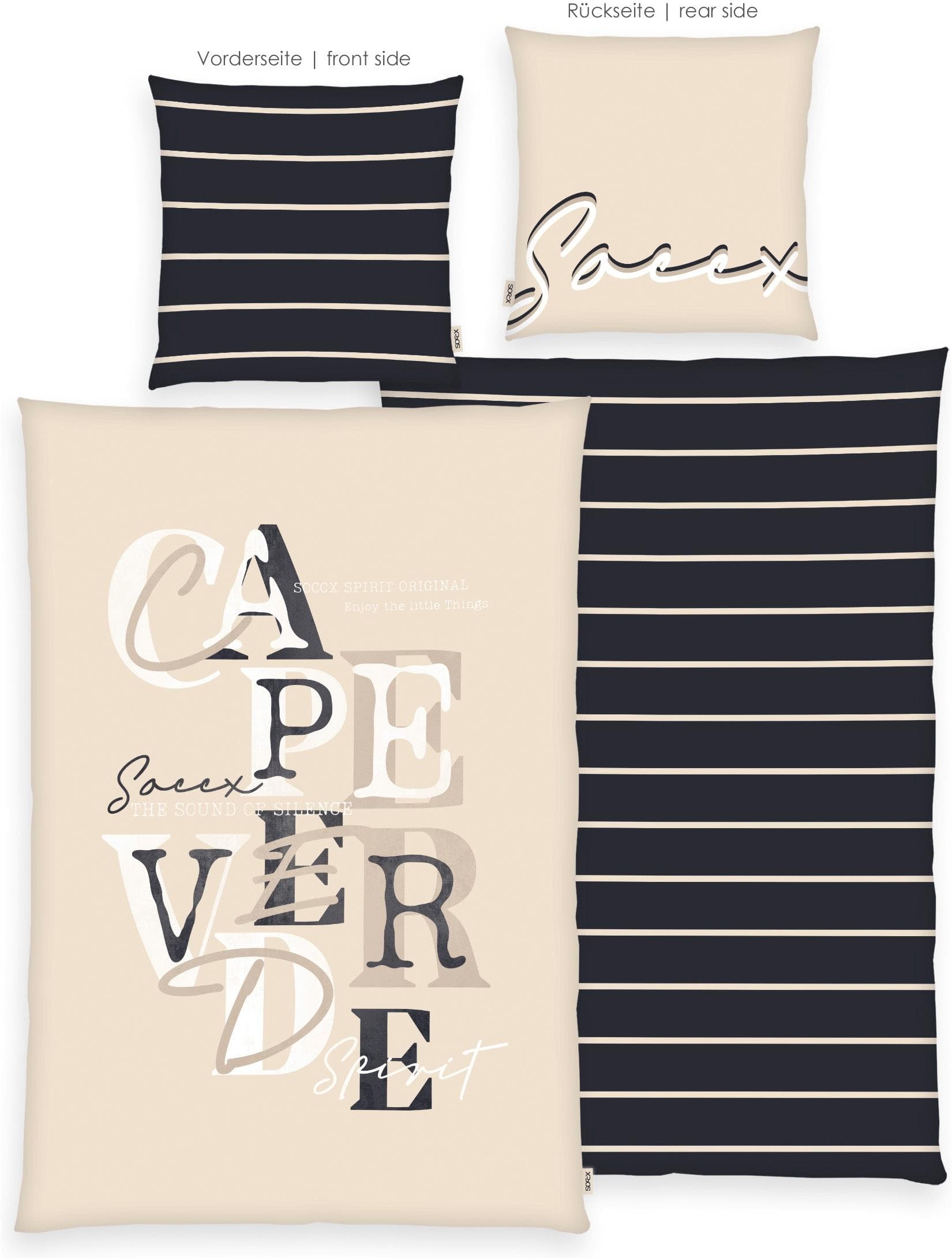 SOCCX Wendebettwäsche "Coastal Stripes" natur mit Schriftzug und Streifen